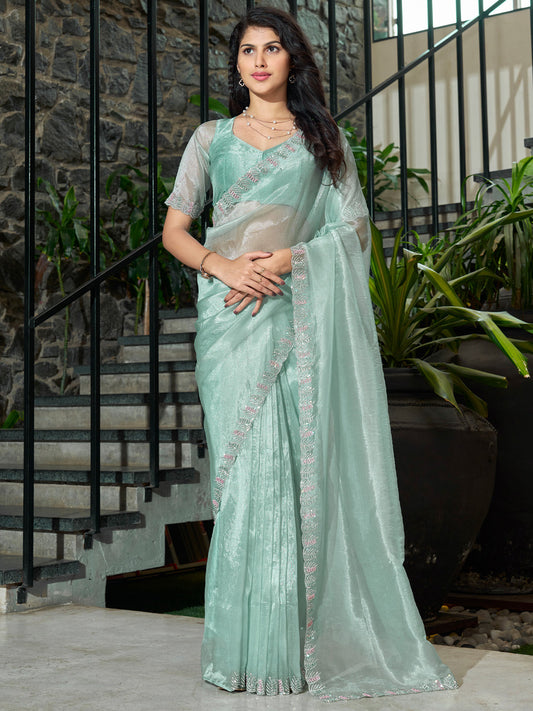 Women's Organza Sea Green Embellished Designer Saree With Blouse Piece