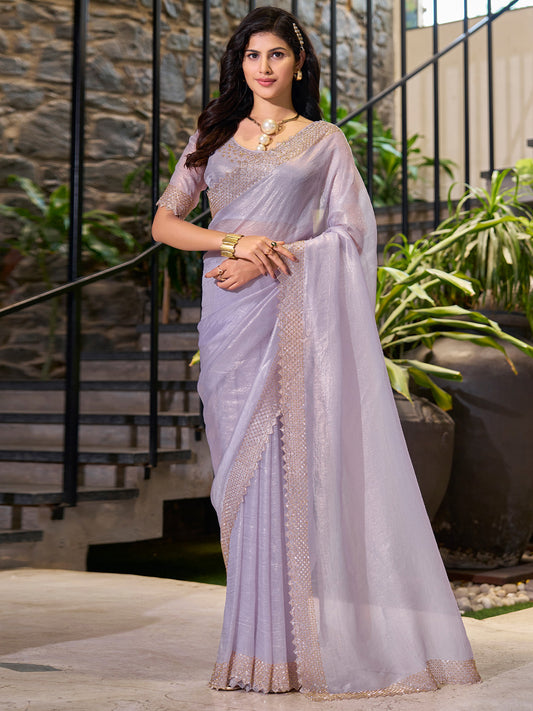 Women's Organza Lavendar Embellished Designer Saree With Blouse Piece