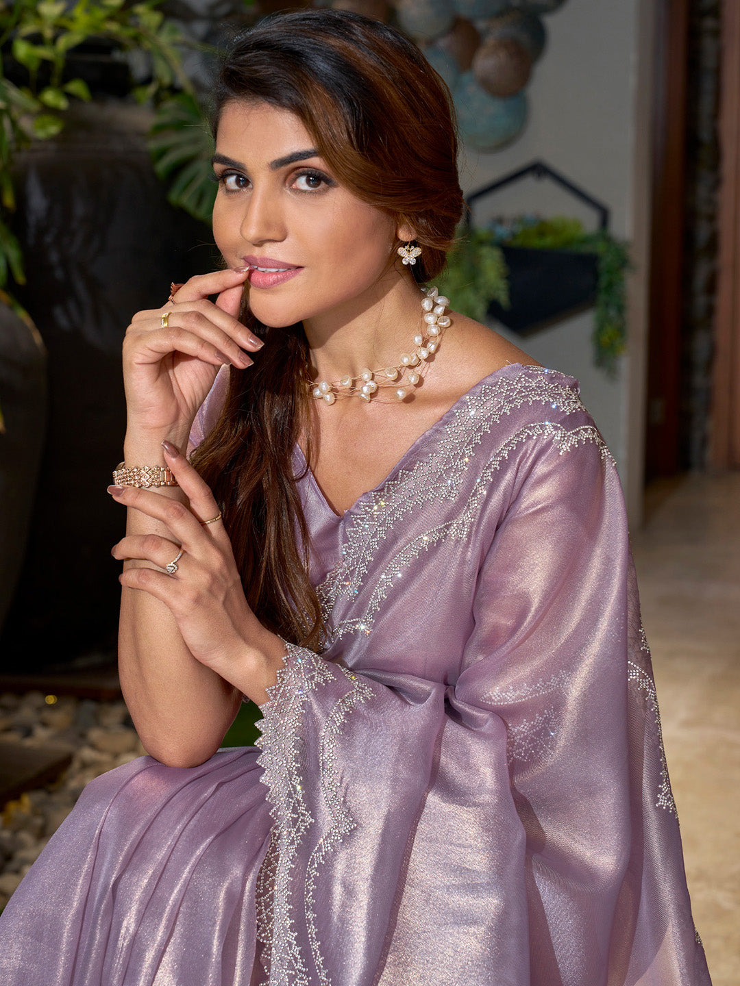 Women's Organza Lavendar Embellished Designer Saree With Blouse Piece