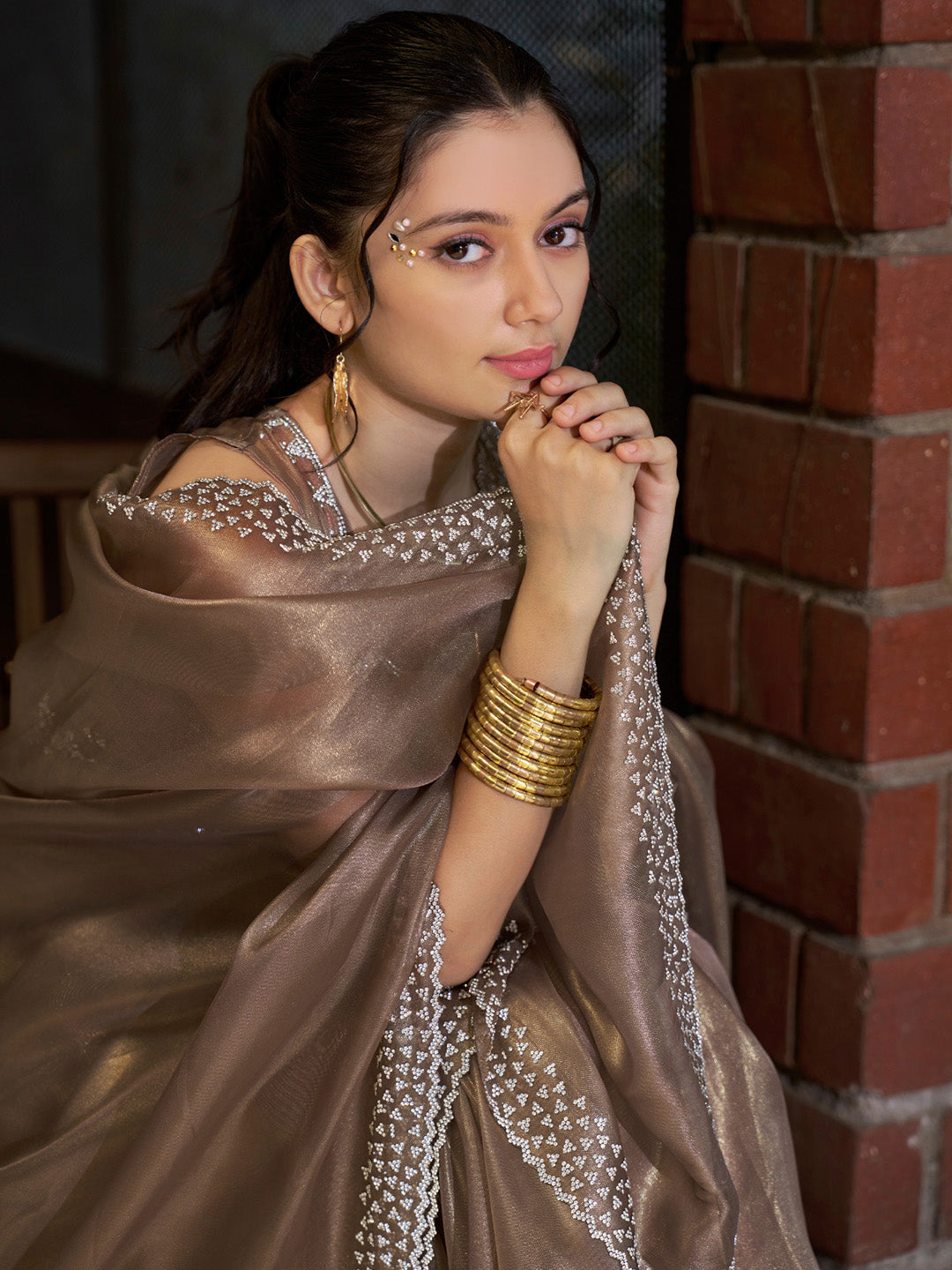 Women's Organza Brown Embellished Designer Saree With Blouse Piece