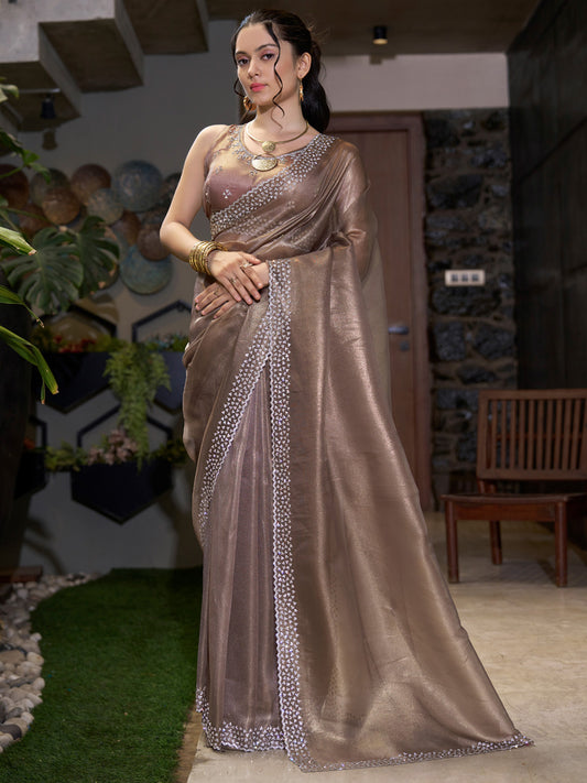 Women's Organza Brown Embellished Designer Saree With Blouse Piece