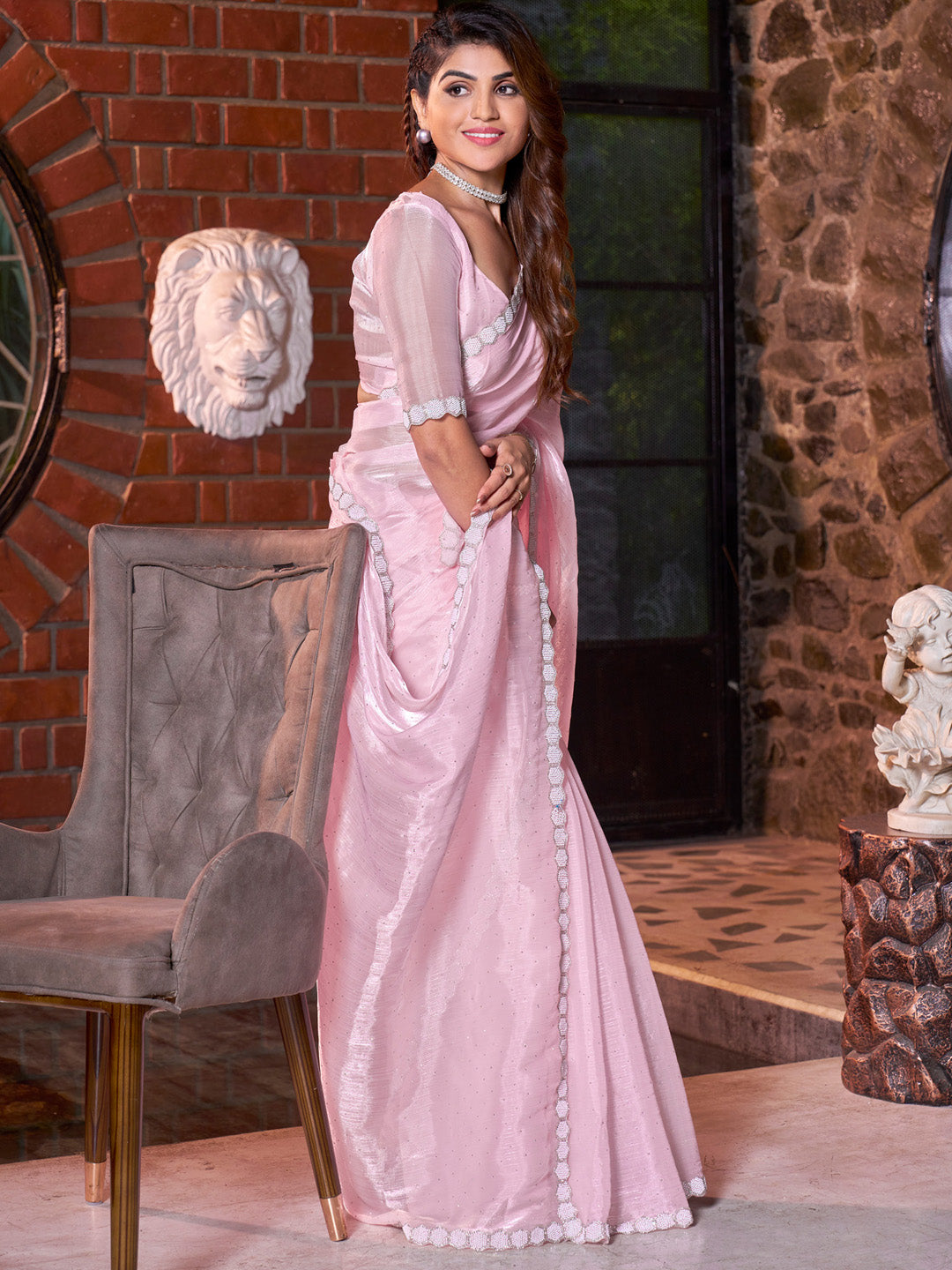 Women's Satin Silk Pink Embellished Designer Saree With Blouse Piece