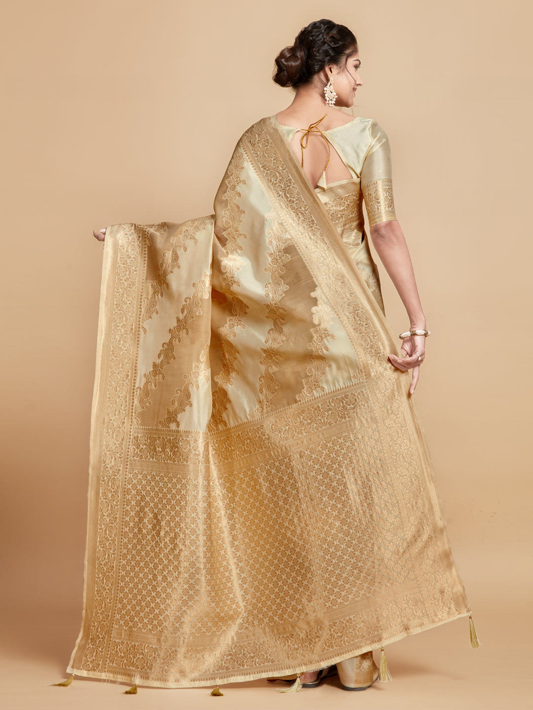 Dhiyona GR Women's Maira Sepia Beige Leheriya Zari Woven Design Linen Saree