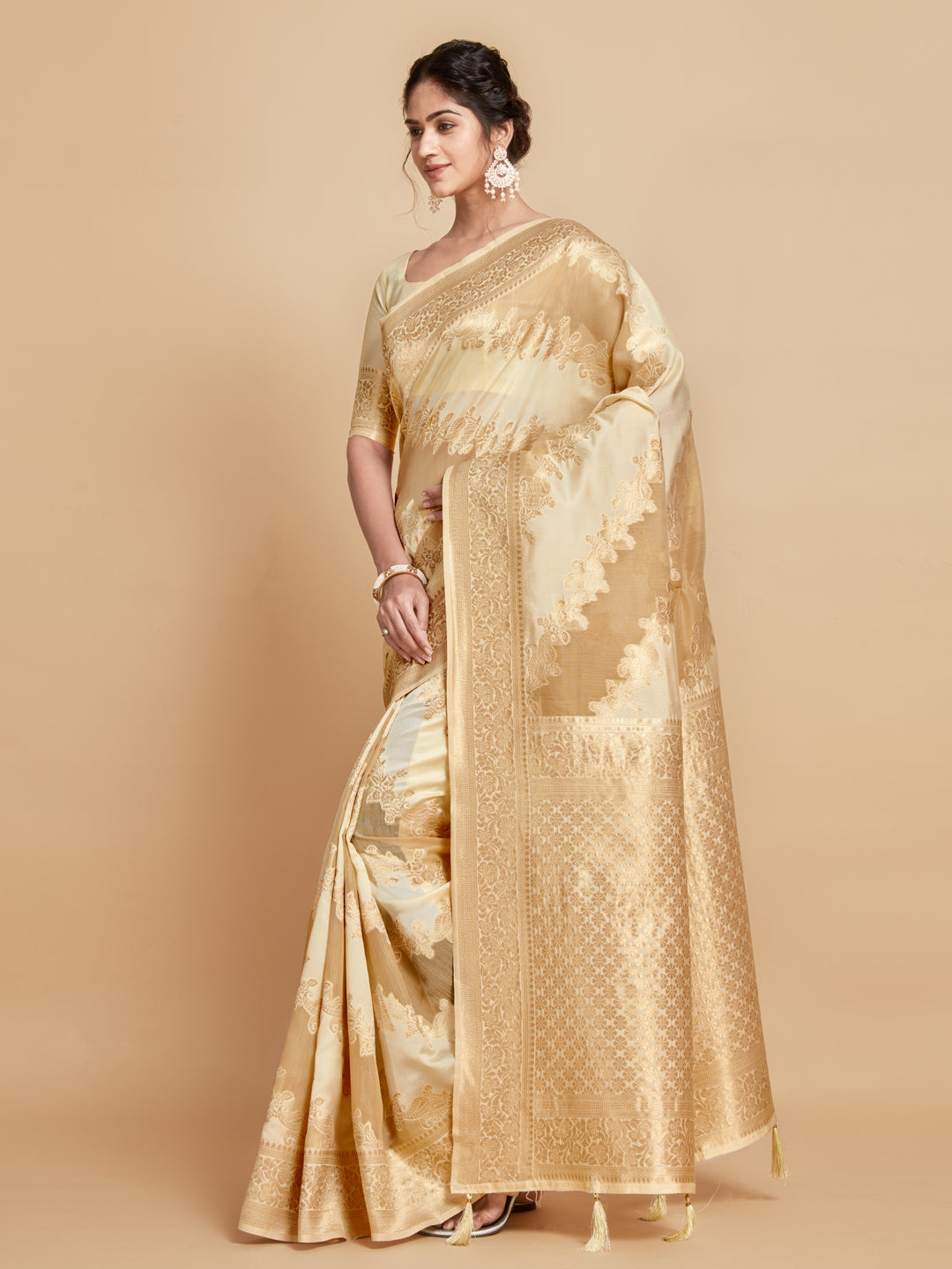 Dhiyona GR Women's Maira Sepia Beige Leheriya Zari Woven Design Linen Saree