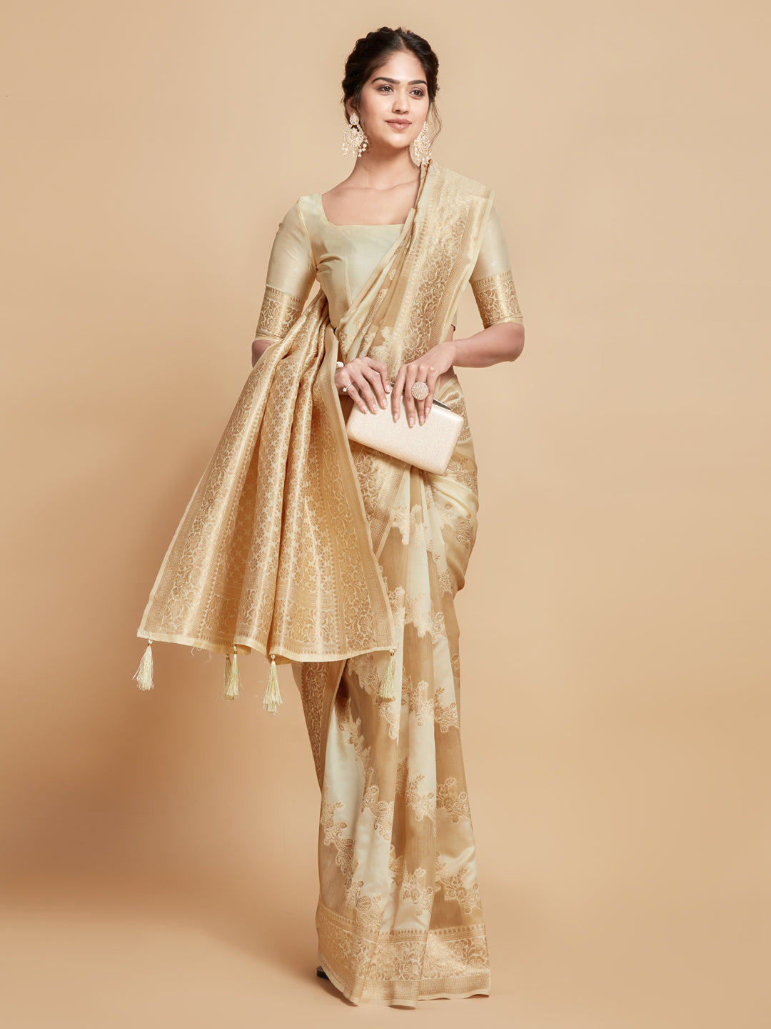 Dhiyona GR Women's Maira Sepia Beige Leheriya Zari Woven Design Linen Saree