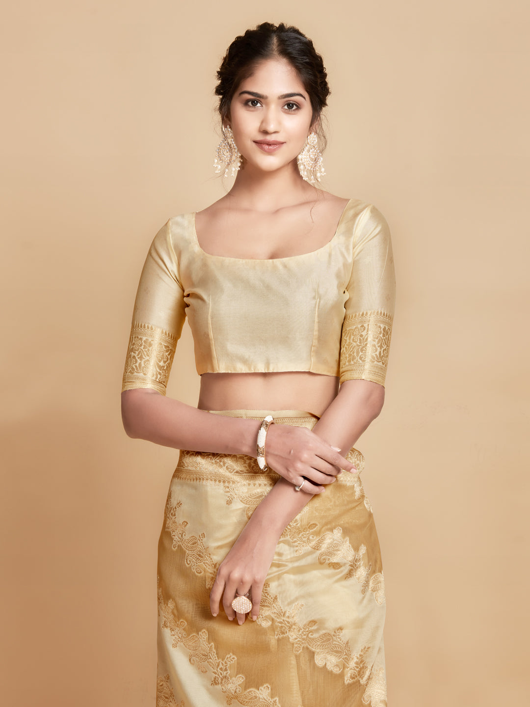 Dhiyona GR Women's Maira Sepia Beige Leheriya Zari Woven Design Linen Saree