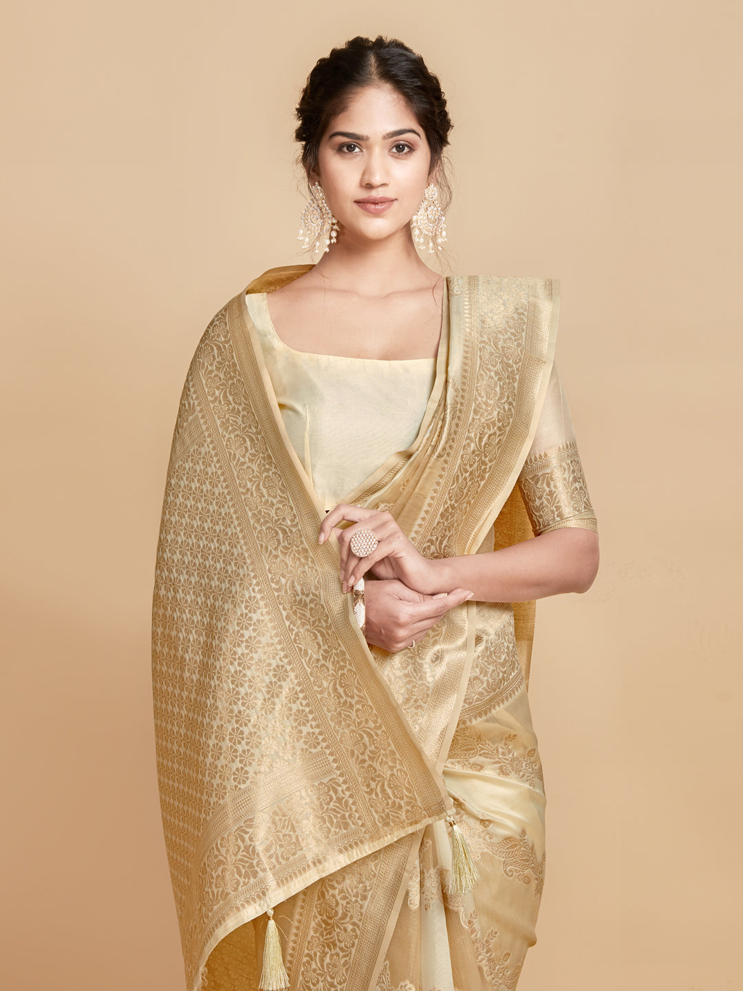 Dhiyona GR Women's Maira Sepia Beige Leheriya Zari Woven Design Linen Saree