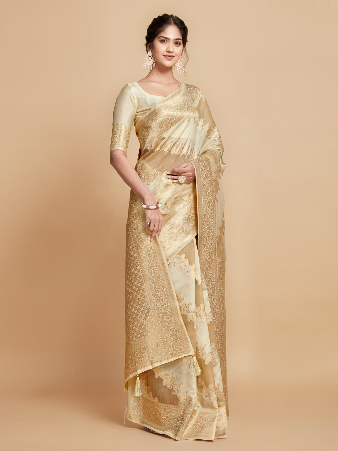 Dhiyona GR Women's Maira Sepia Beige Leheriya Zari Woven Design Linen Saree
