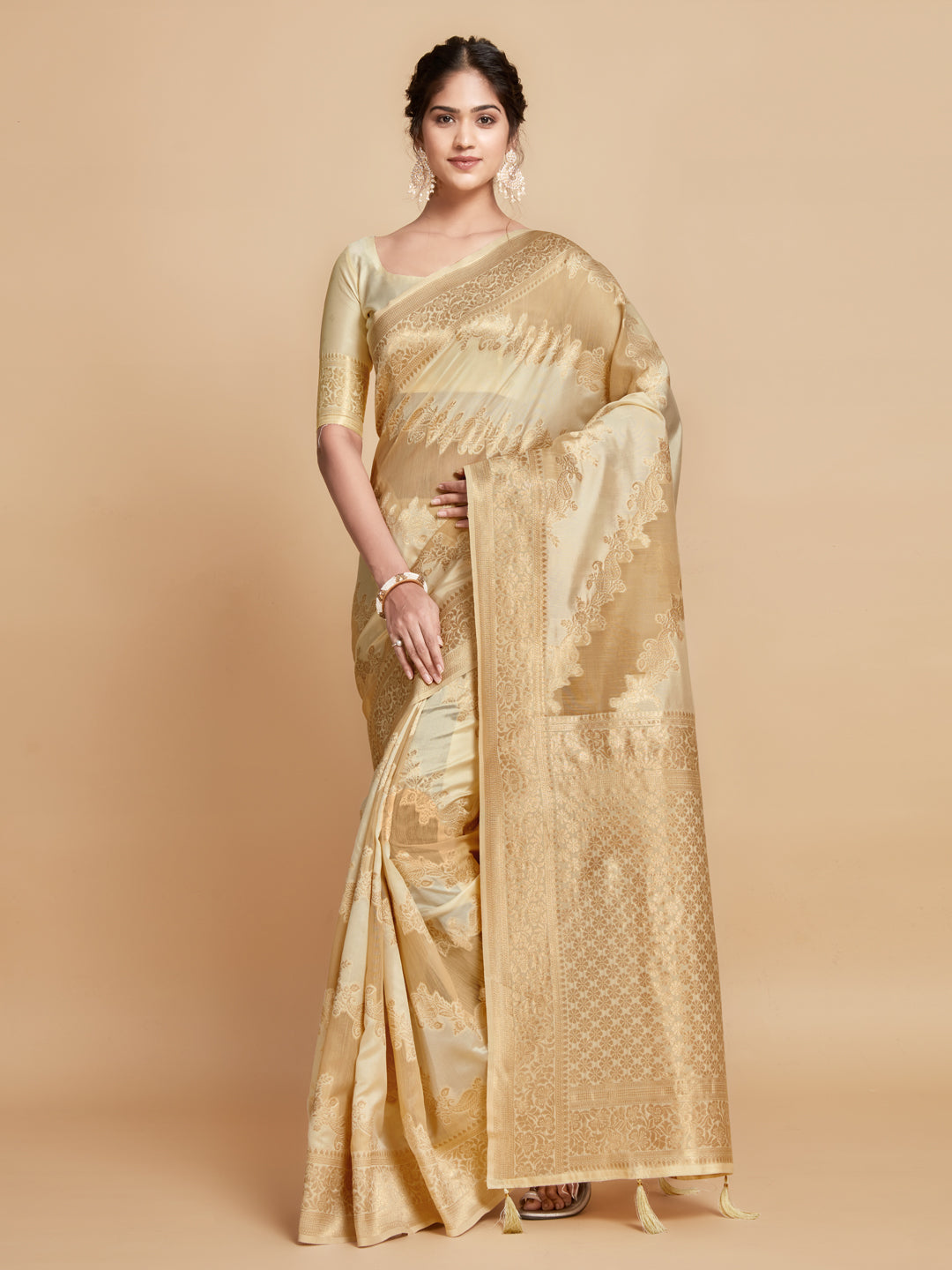 Dhiyona GR Women's Maira Sepia Beige Leheriya Zari Woven Design Linen Saree