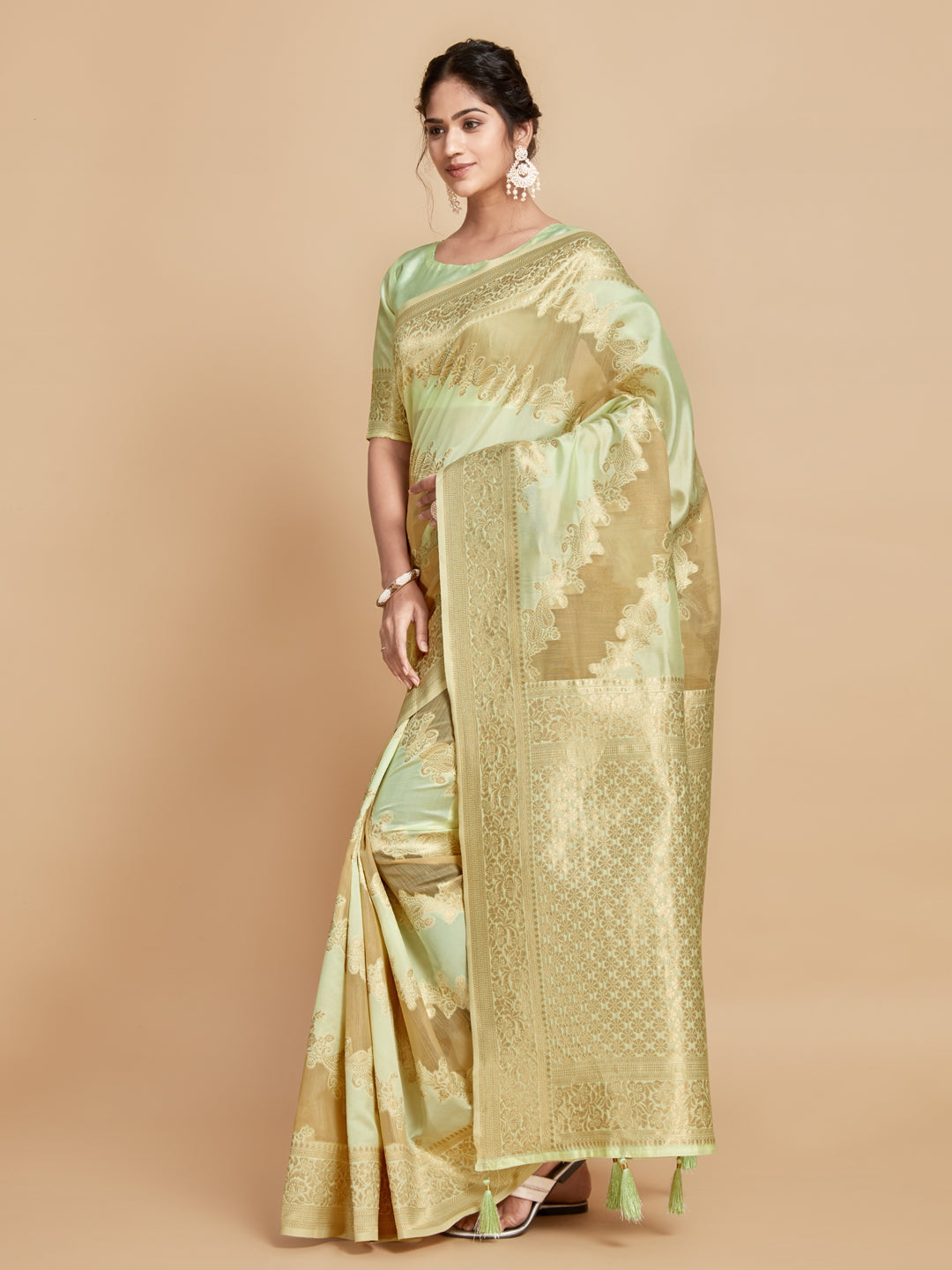 Dhiyona GR Women's Maira Mint Green Leheriya Zari Woven Design Linen Saree