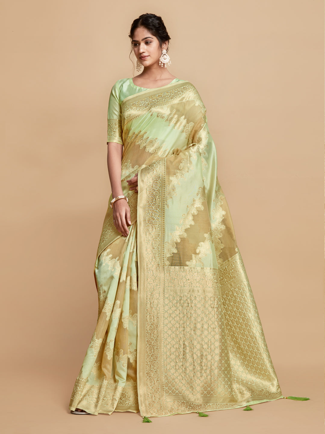 Dhiyona GR Women's Maira Mint Green Leheriya Zari Woven Design Linen Saree