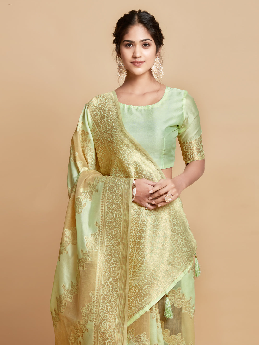 Dhiyona GR Women's Maira Mint Green Leheriya Zari Woven Design Linen Saree