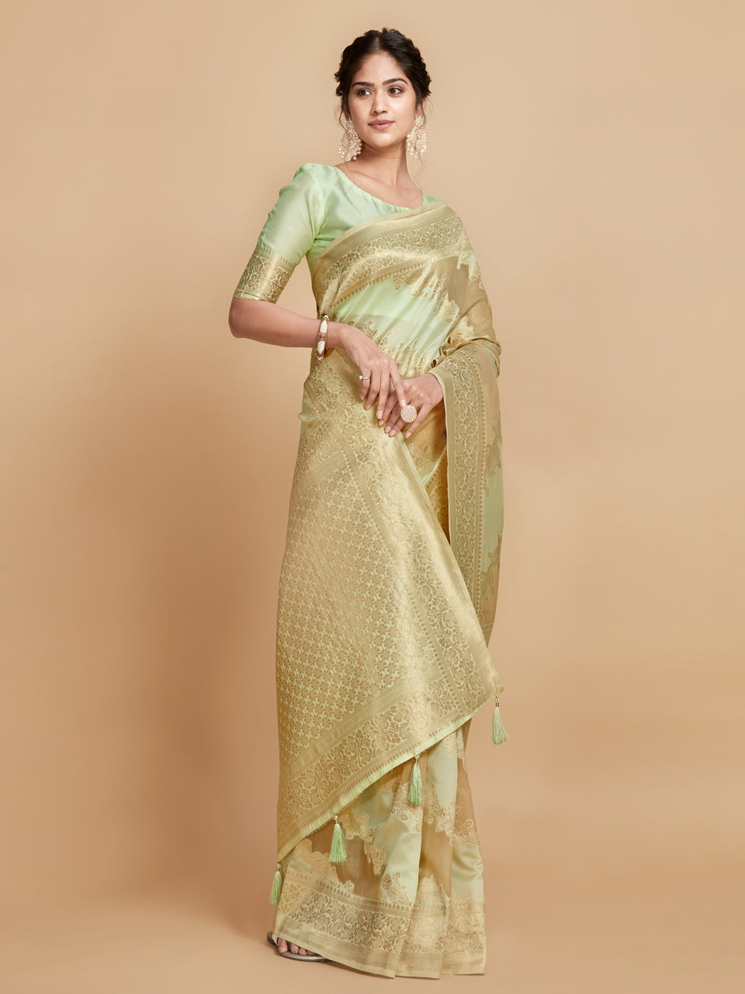 Dhiyona GR Women's Maira Mint Green Leheriya Zari Woven Design Linen Saree