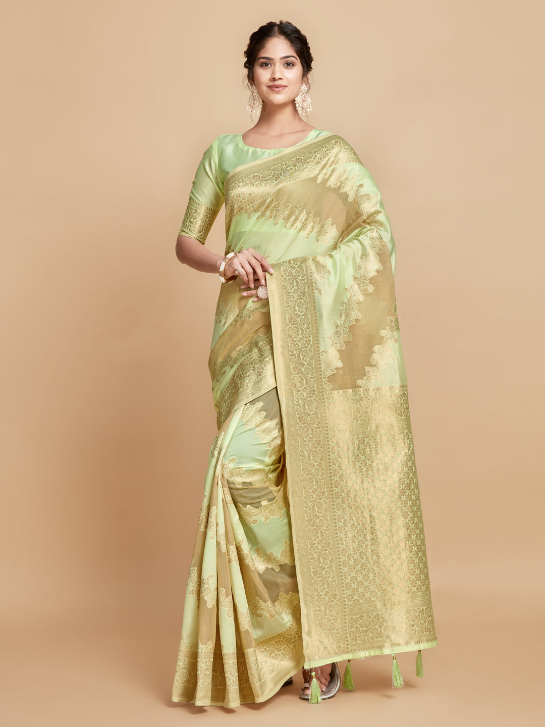 Dhiyona GR Women's Maira Mint Green Leheriya Zari Woven Design Linen Saree