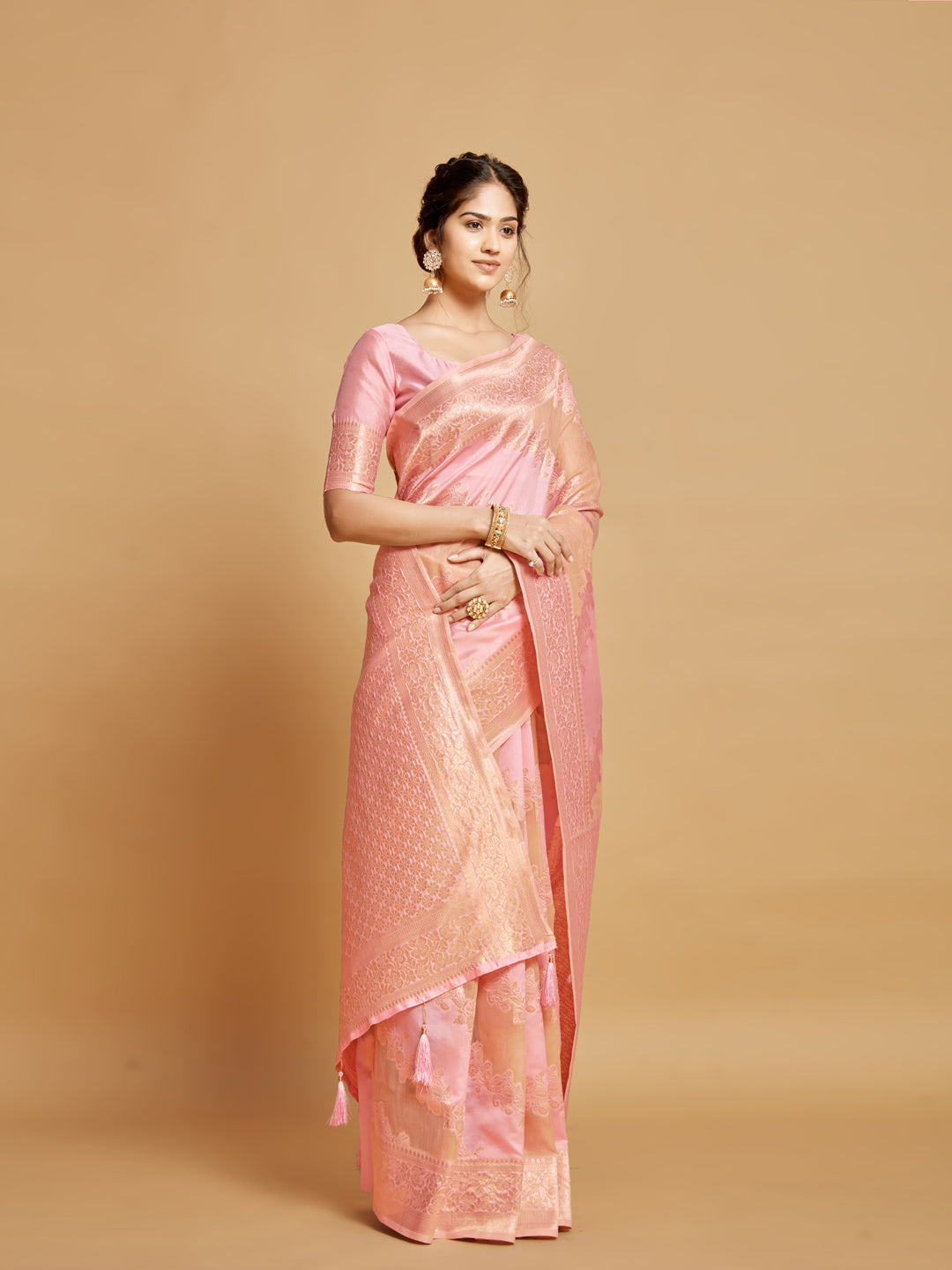Dhiyona GR Women's Maira Bubblegum Pink Leheriya Zari Woven Design Linen Saree