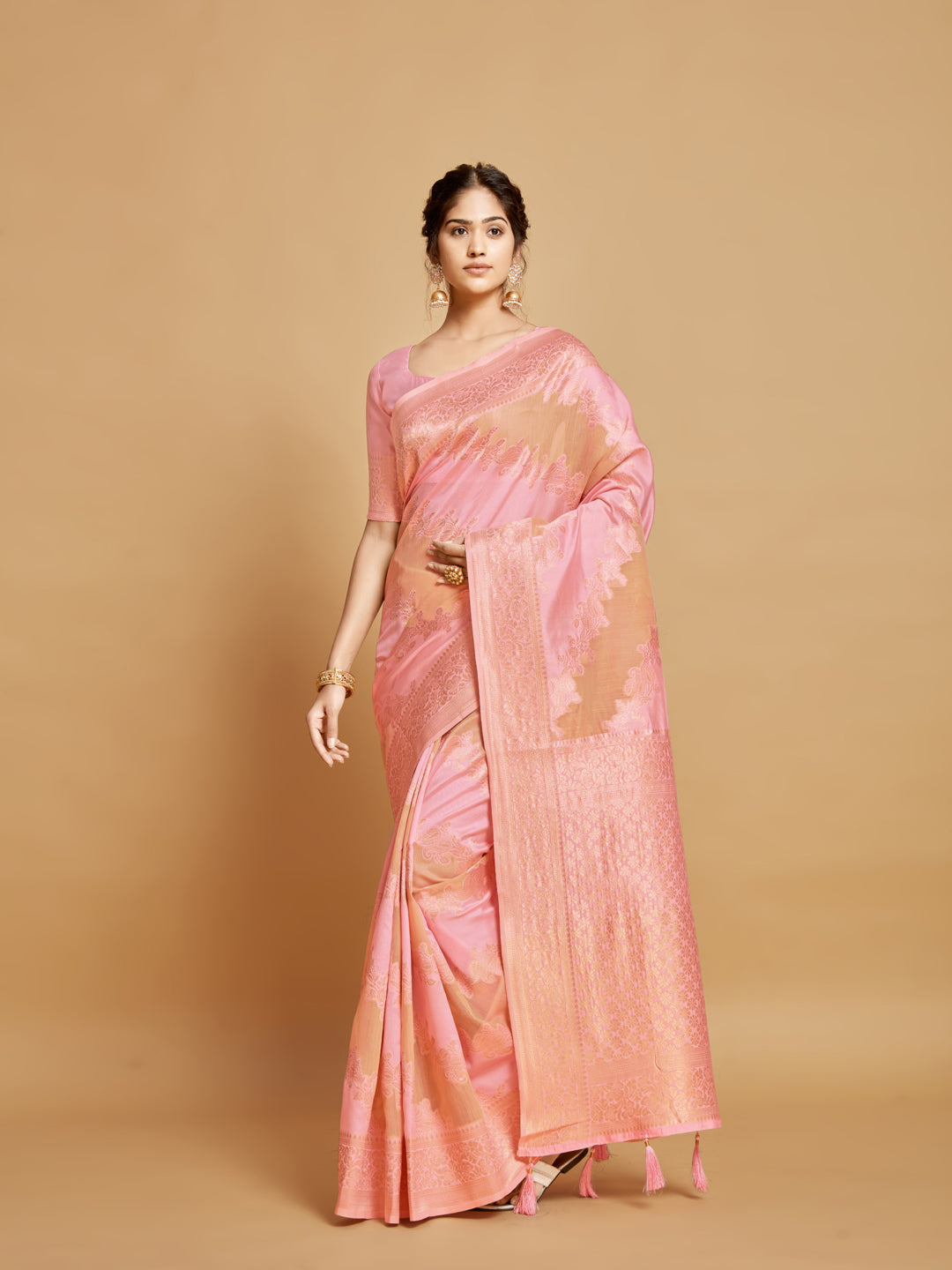 Dhiyona GR Women's Maira Bubblegum Pink Leheriya Zari Woven Design Linen Saree