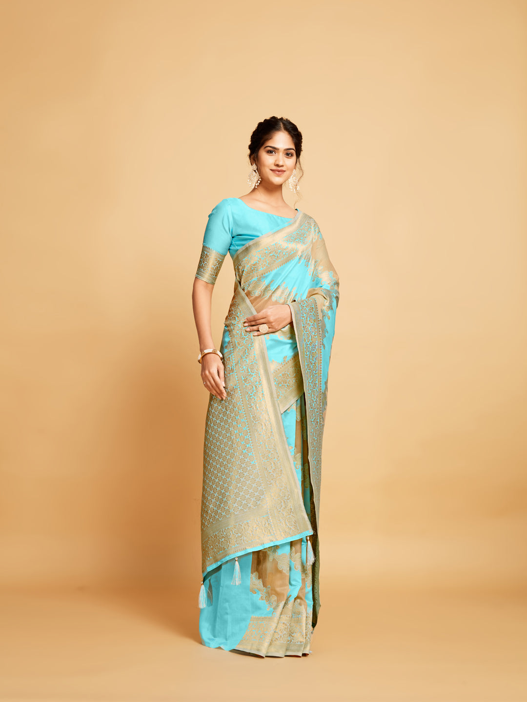 Dhiyona GR Women's Maira Cyan Blue Leheriya Zari Woven Design Linen Saree