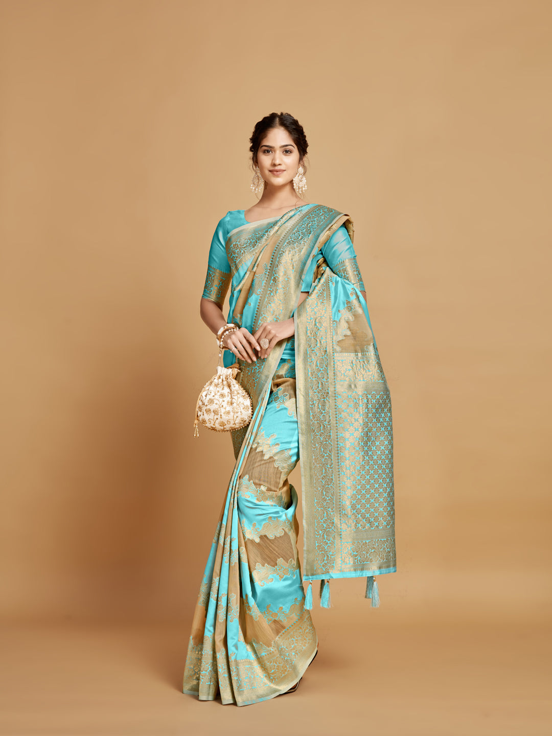Dhiyona GR Women's Maira Cyan Blue Leheriya Zari Woven Design Linen Saree