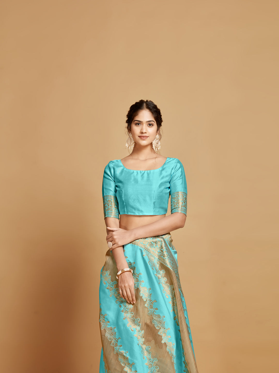 Dhiyona GR Women's Maira Cyan Blue Leheriya Zari Woven Design Linen Saree