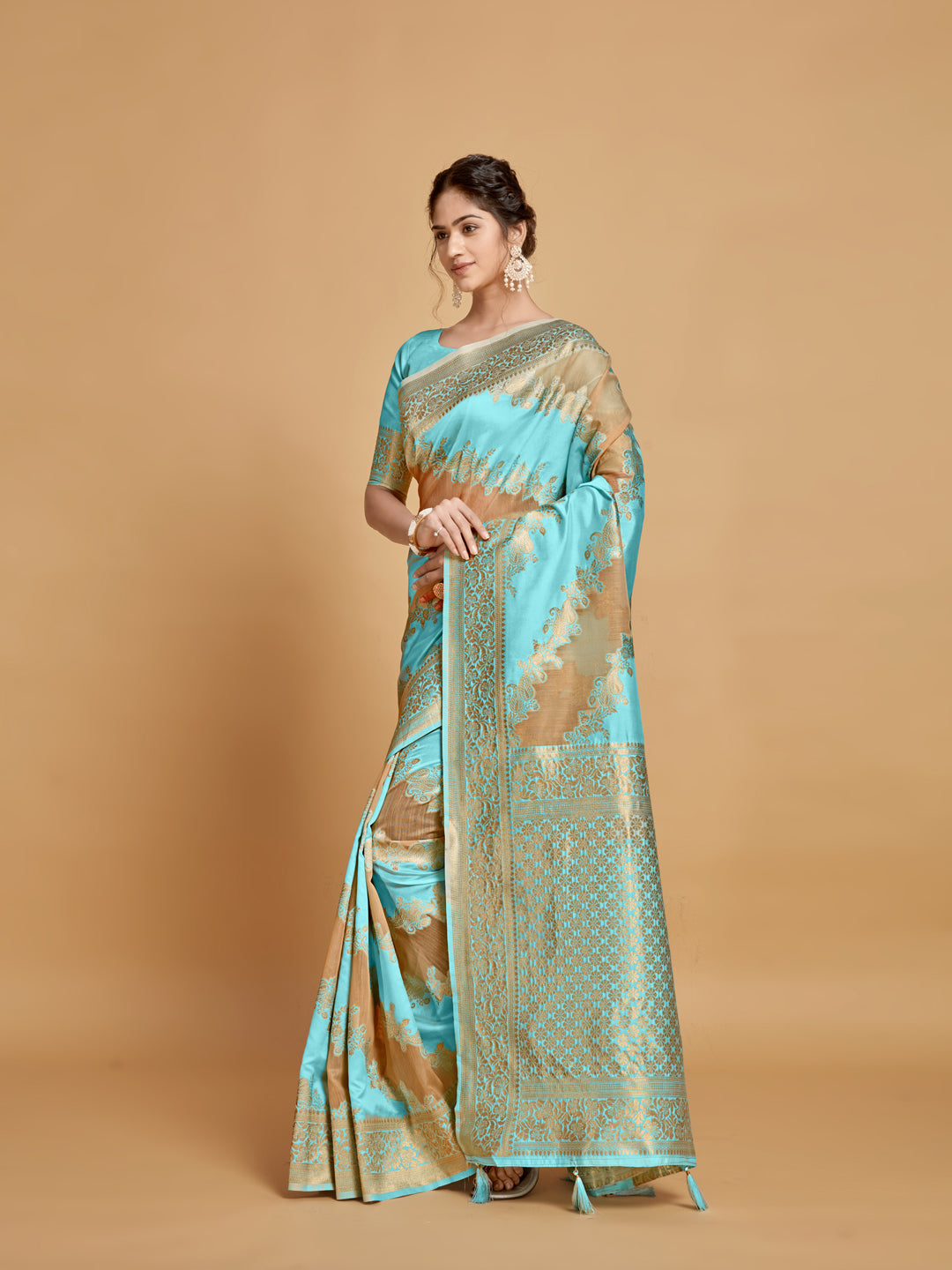 Dhiyona GR Women's Maira Cyan Blue Leheriya Zari Woven Design Linen Saree