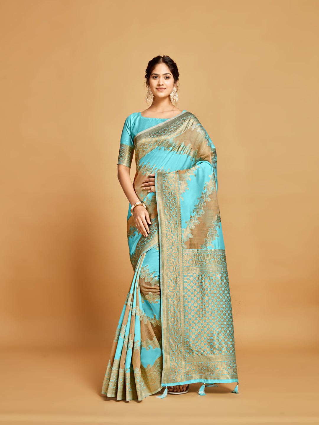 Dhiyona GR Women's Maira Cyan Blue Leheriya Zari Woven Design Linen Saree