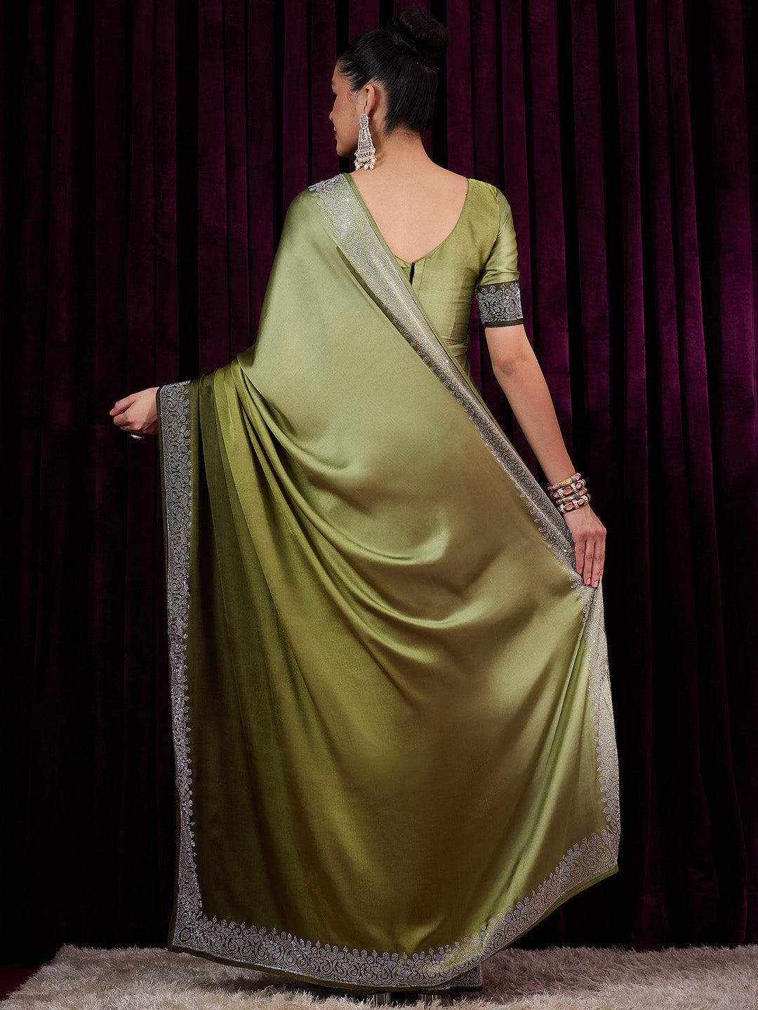 Women's Satin Silk Olive Embellished Designer Saree With Blouse Piece