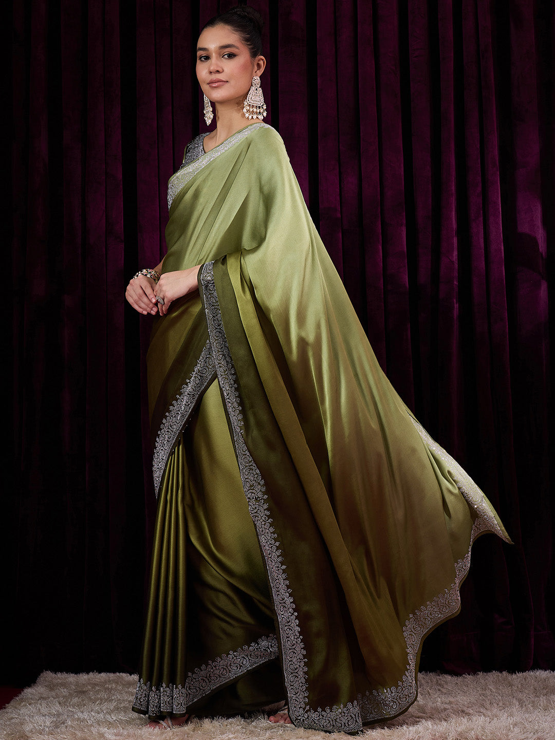 Women's Satin Silk Olive Embellished Designer Saree With Blouse Piece