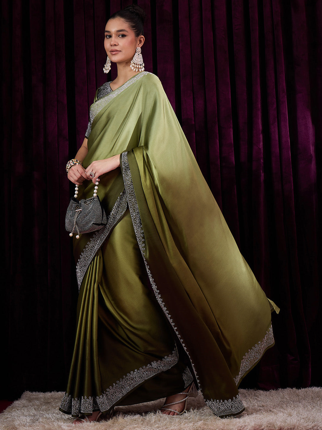 Women's Satin Silk Olive Embellished Designer Saree With Blouse Piece
