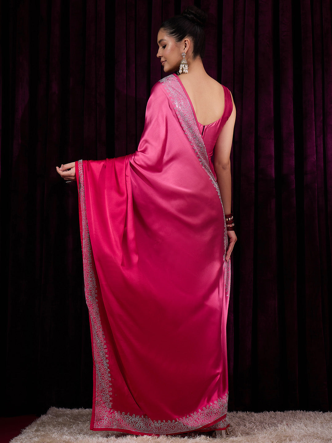 Women's Satin Silk Pink Embellished Designer Saree With Blouse Piece