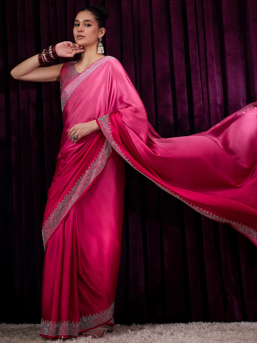 Women's Satin Silk Pink Embellished Designer Saree With Blouse Piece
