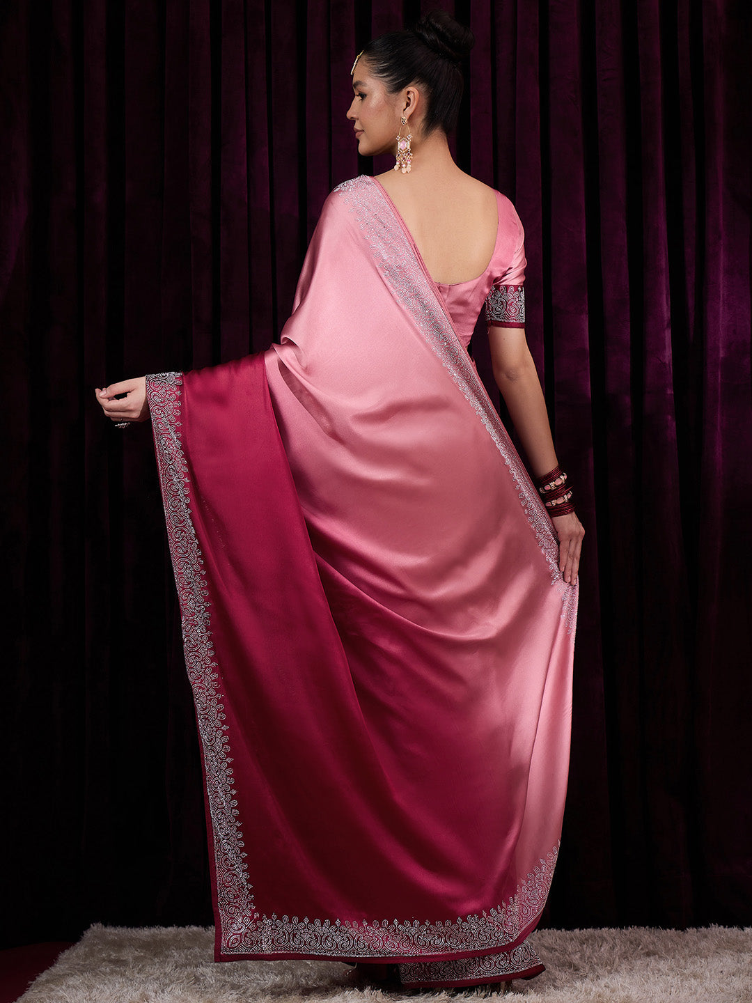 Women's Satin Silk Pink Embellished Designer Saree With Blouse Piece