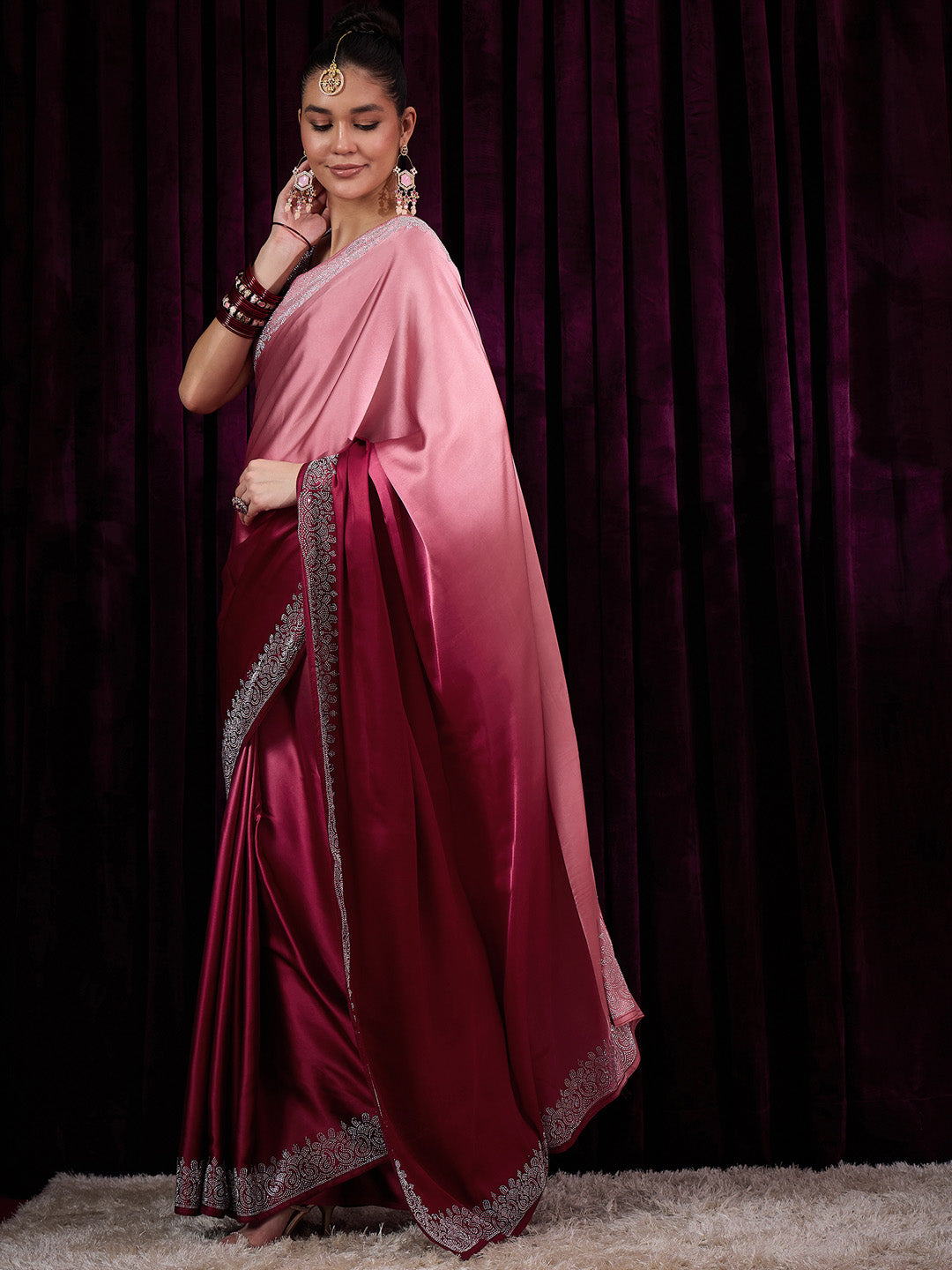 Women's Satin Silk Pink Embellished Designer Saree With Blouse Piece