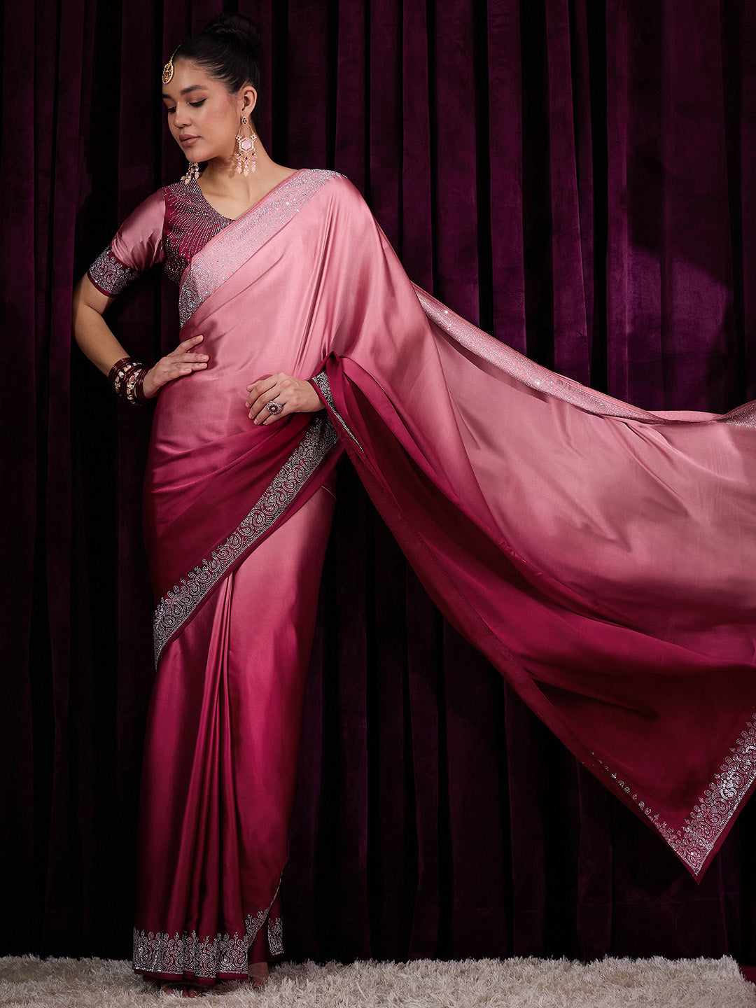 Women's Satin Silk Pink Embellished Designer Saree With Blouse Piece
