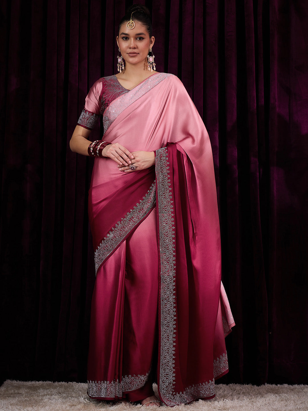 Women's Satin Silk Pink Embellished Designer Saree With Blouse Piece