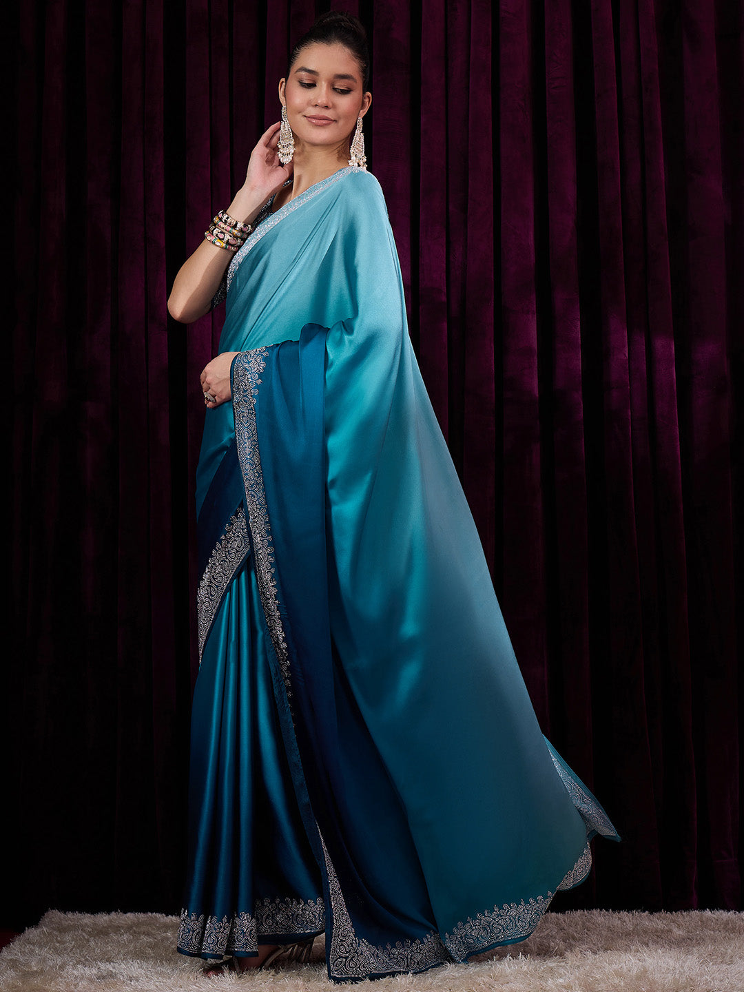 Women's Satin Silk Blue Embellished Designer Saree With Blouse Piece