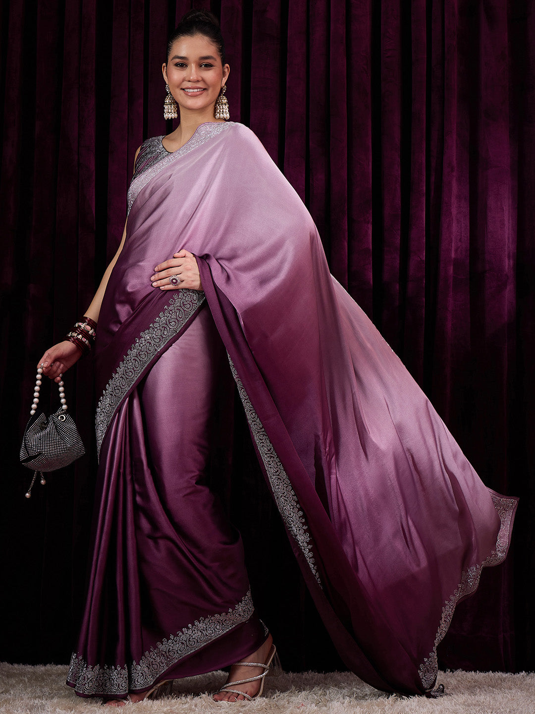 Women's Satin Silk Magenta Embellished Designer Saree With Blouse Piece