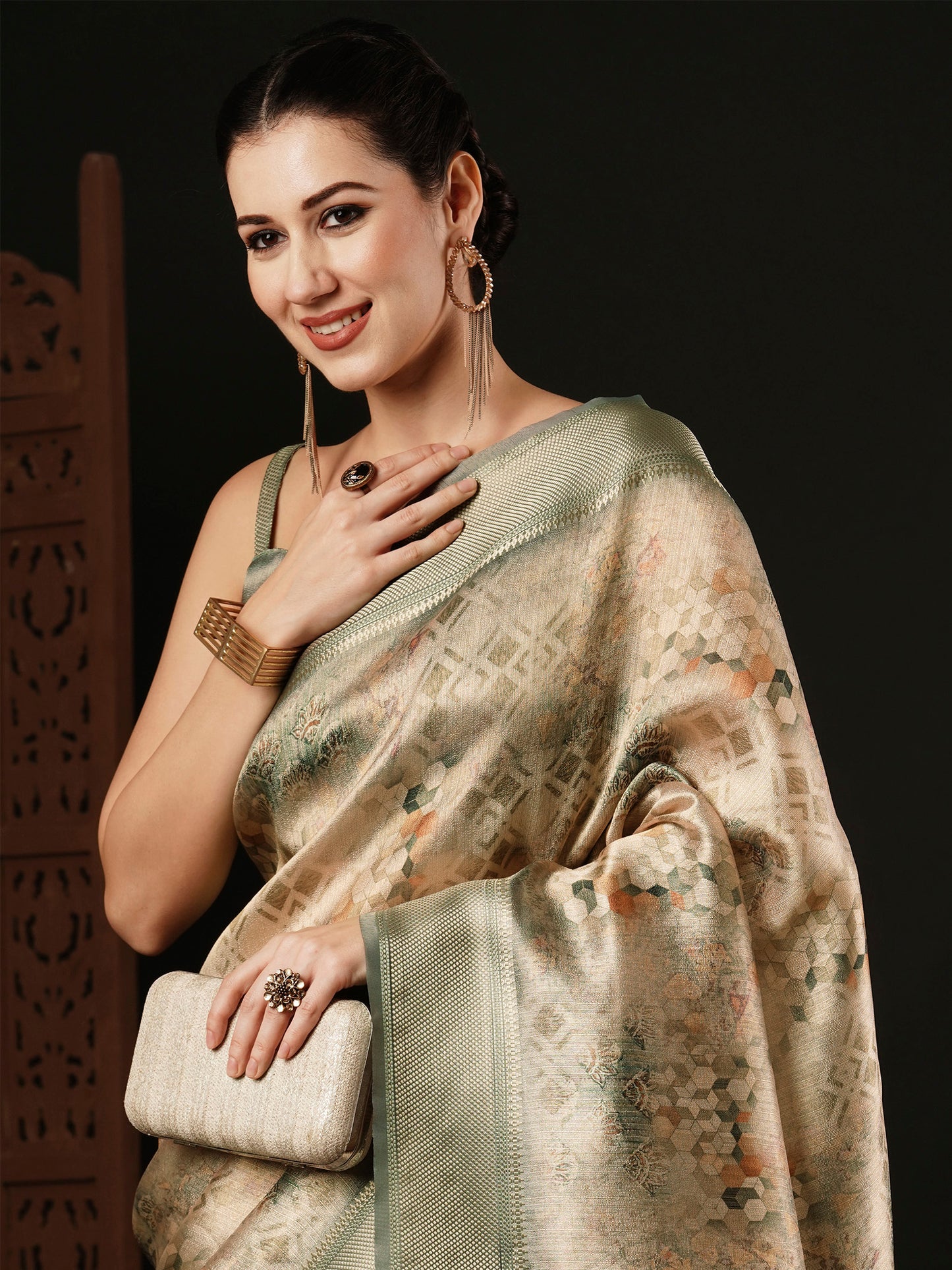 Women's Banarasi Silk Beige Printed Designer Saree With Blouse Piece