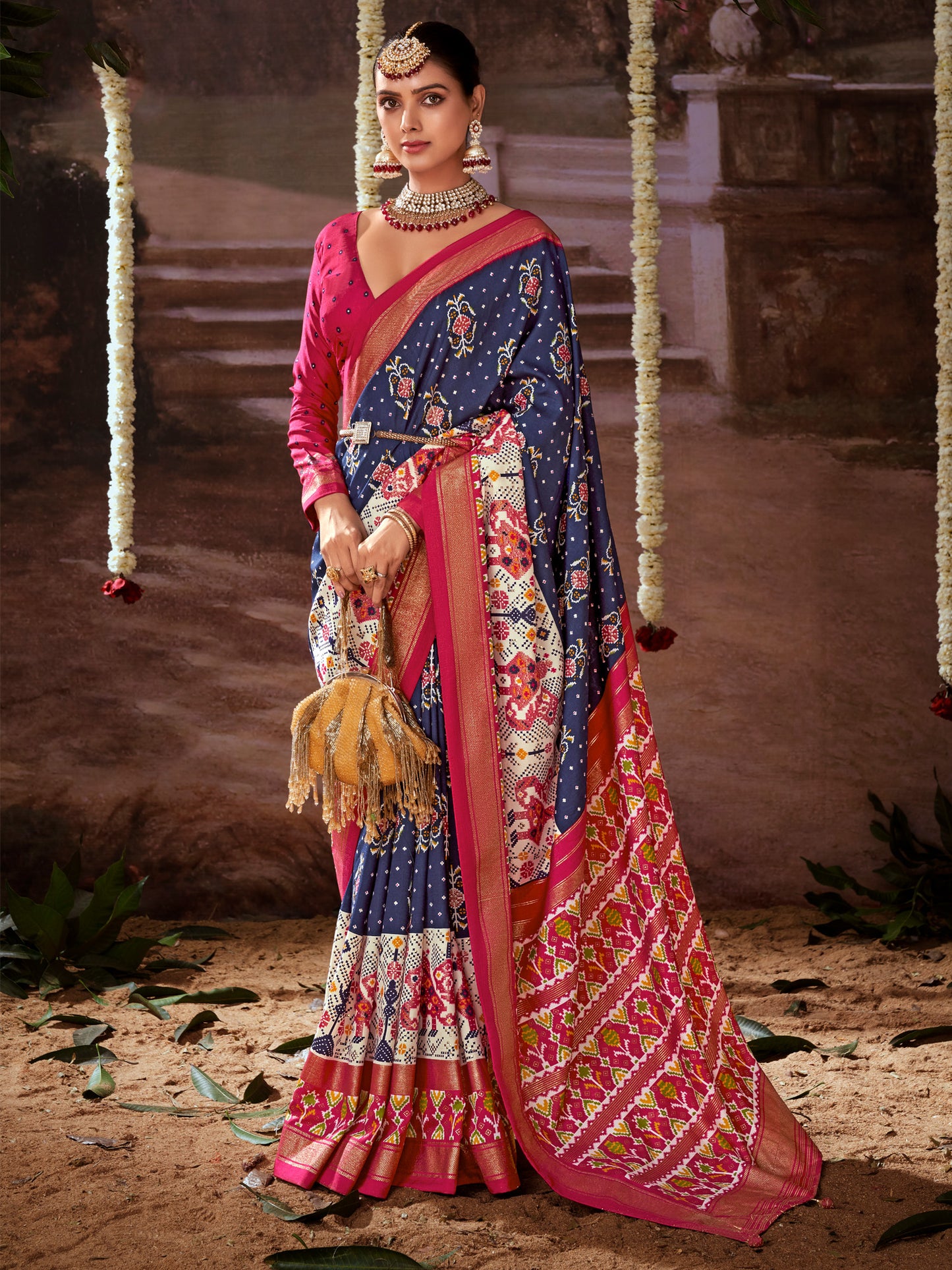 Women's Tussar Silk Navy Blue Printed Designer Saree With Blouse Piece