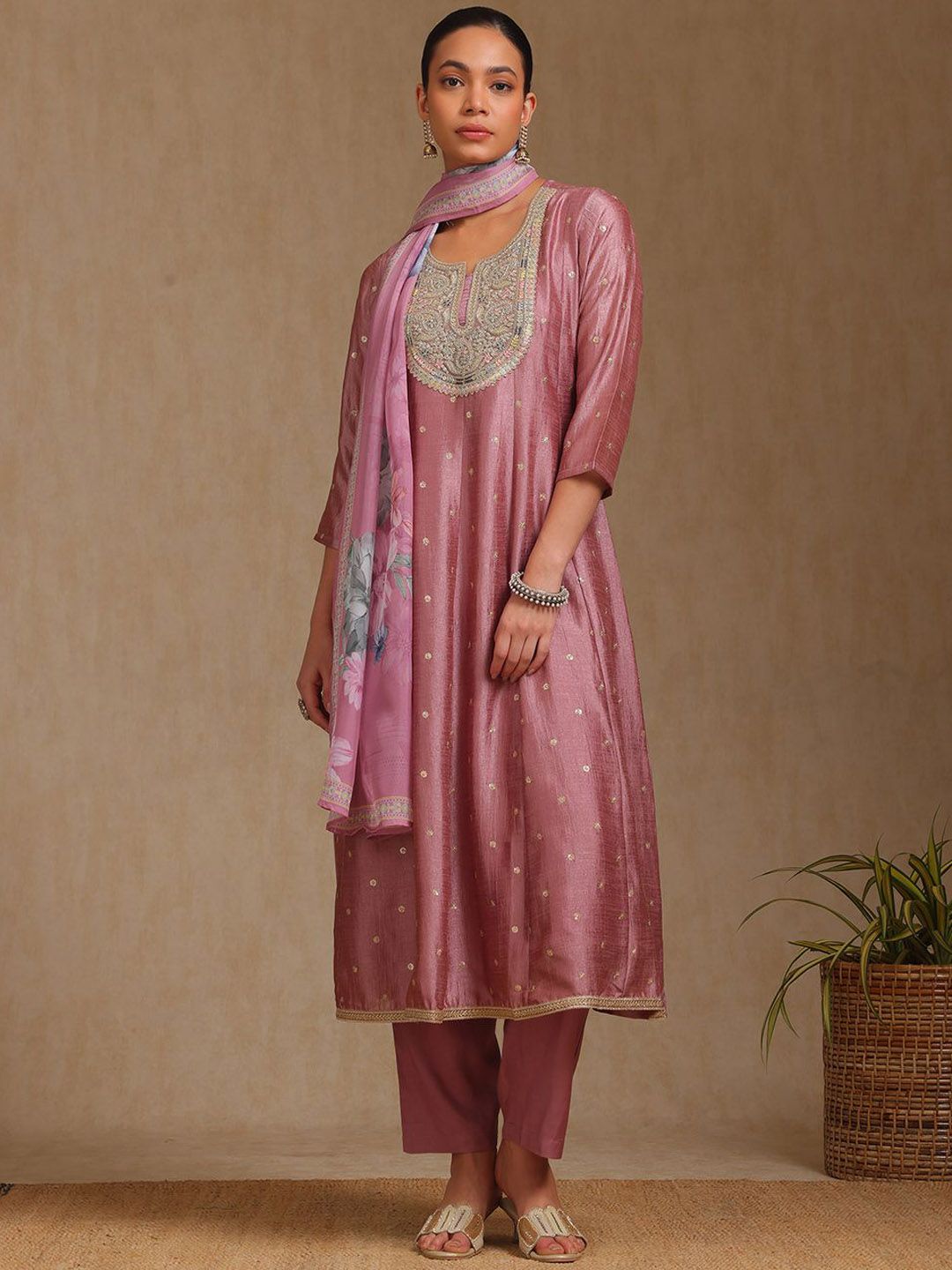 Dhiyona SO Women's Ethnic Motifs Woven Design Zardozi Round Neck Anarkali Kurta With Trousers & Dupatta