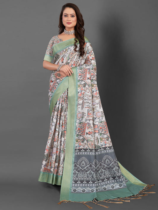 Women's Manipuri Silk Off White Printed Designer Saree With Blouse Piece