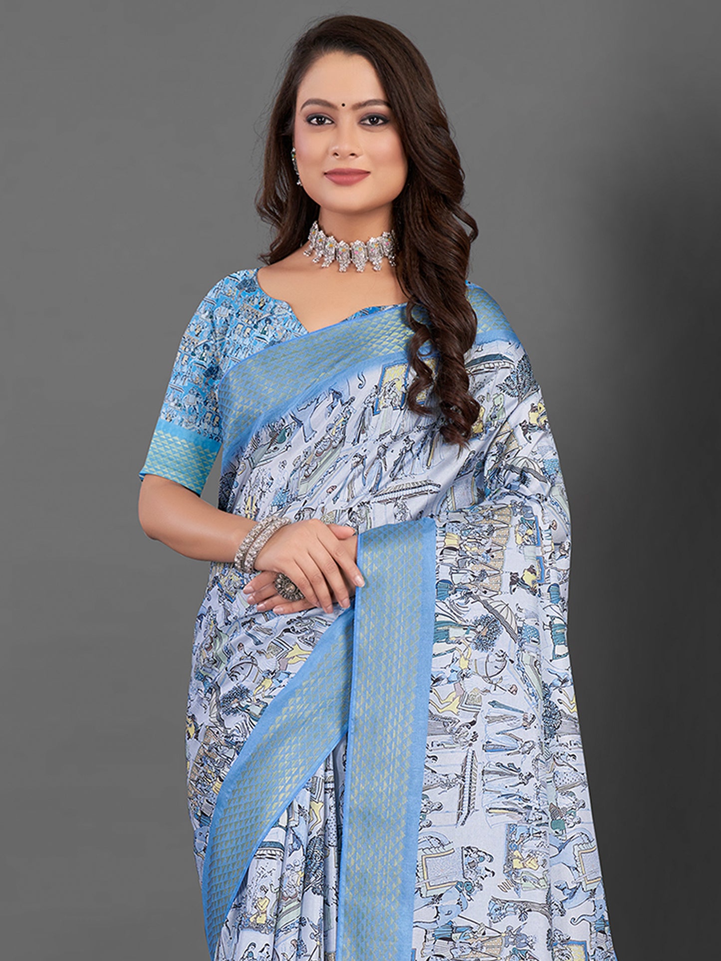 Women's Manipuri Silk Blue Printed Designer Saree With Blouse Piece