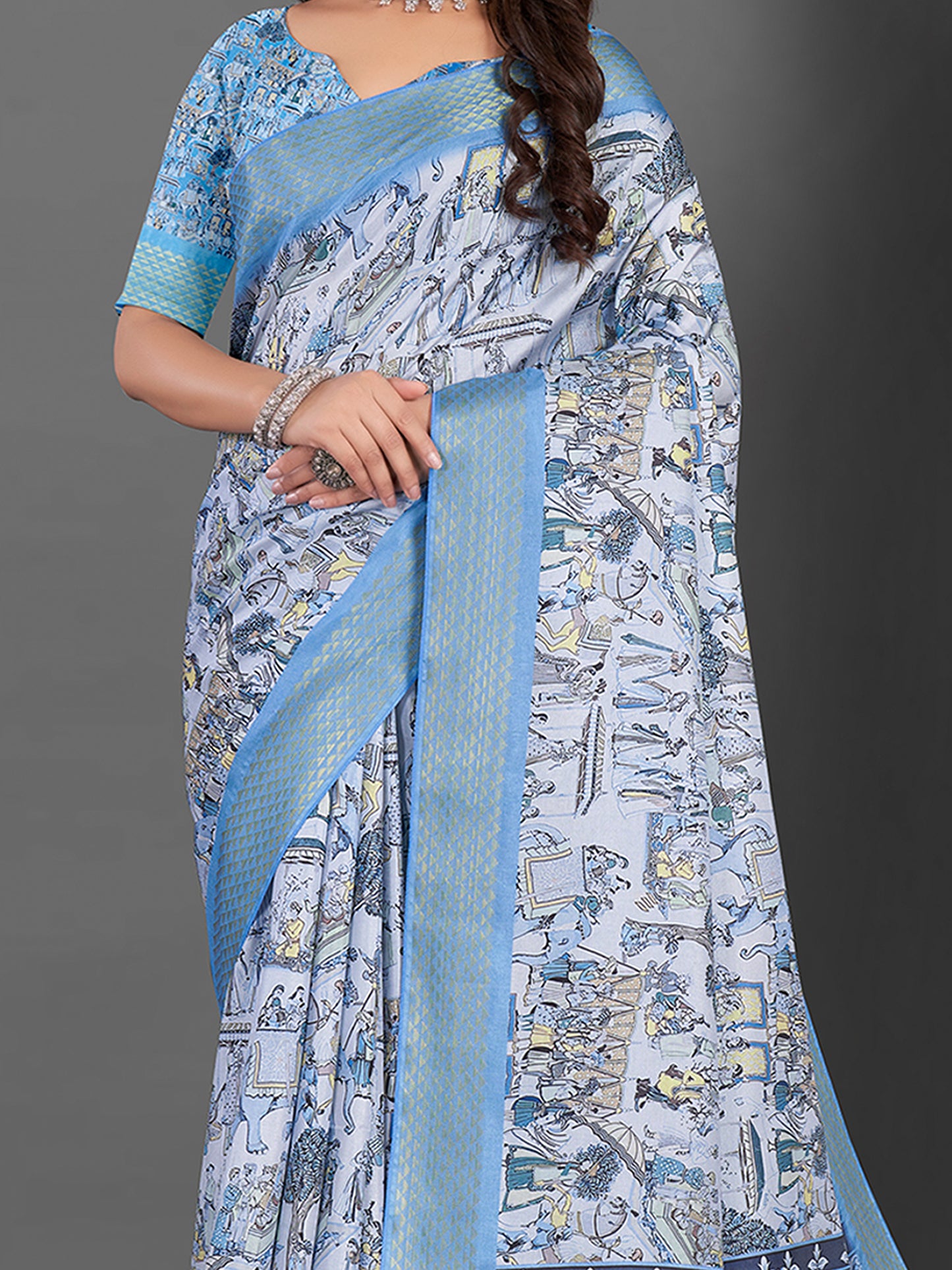 Women's Manipuri Silk Blue Printed Designer Saree With Blouse Piece