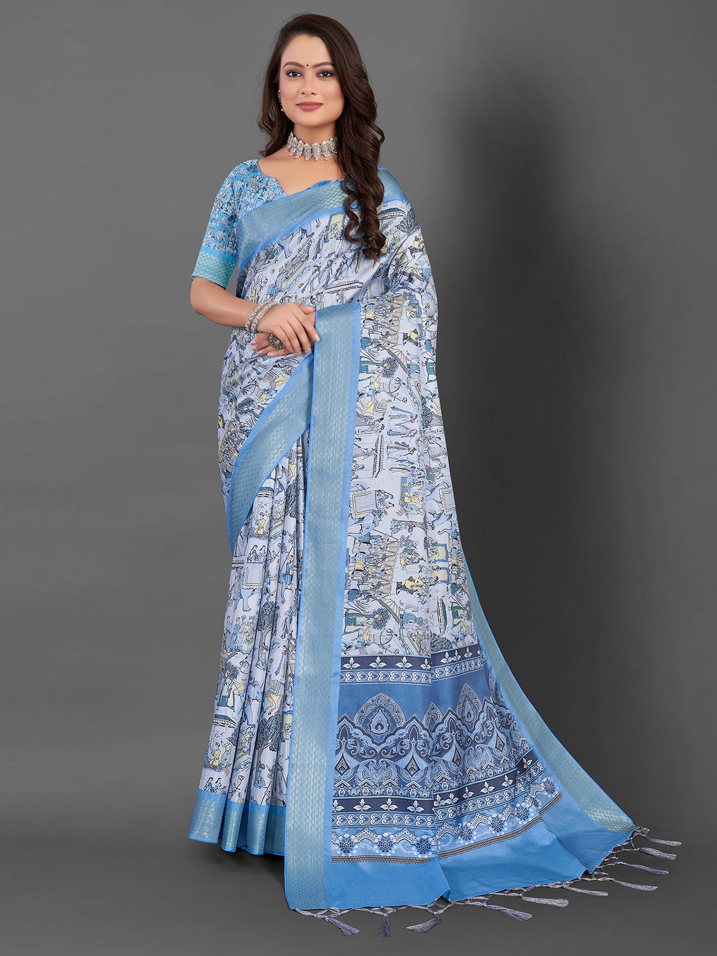 Women's Manipuri Silk Blue Printed Designer Saree With Blouse Piece
