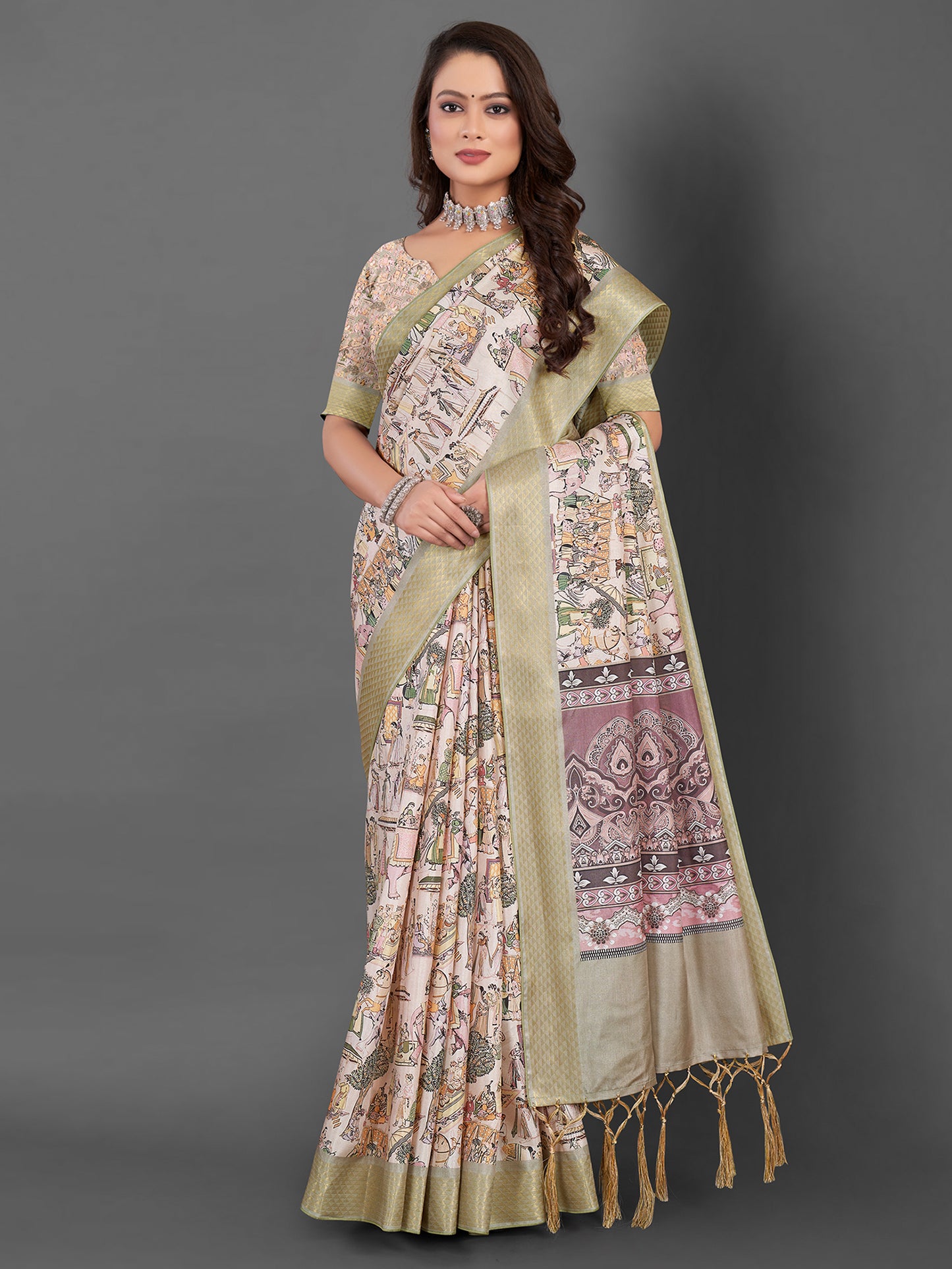 Women's Manipuri Silk Beige Printed Designer Saree With Blouse Piece
