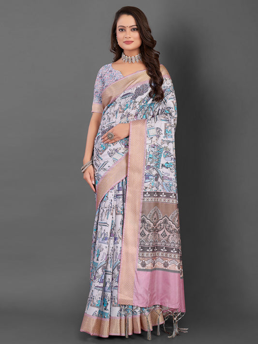 Women's Manipuri Silk Off White Printed Designer Saree With Blouse Piece