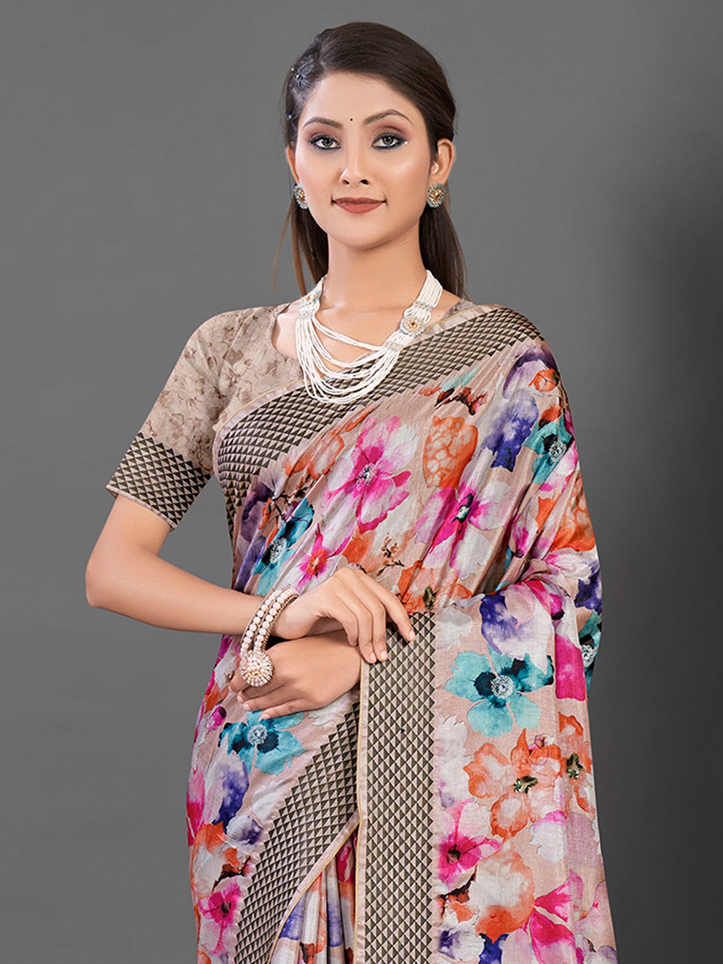 Women's Manipuri Silk Beige Printed Designer Saree With Blouse Piece