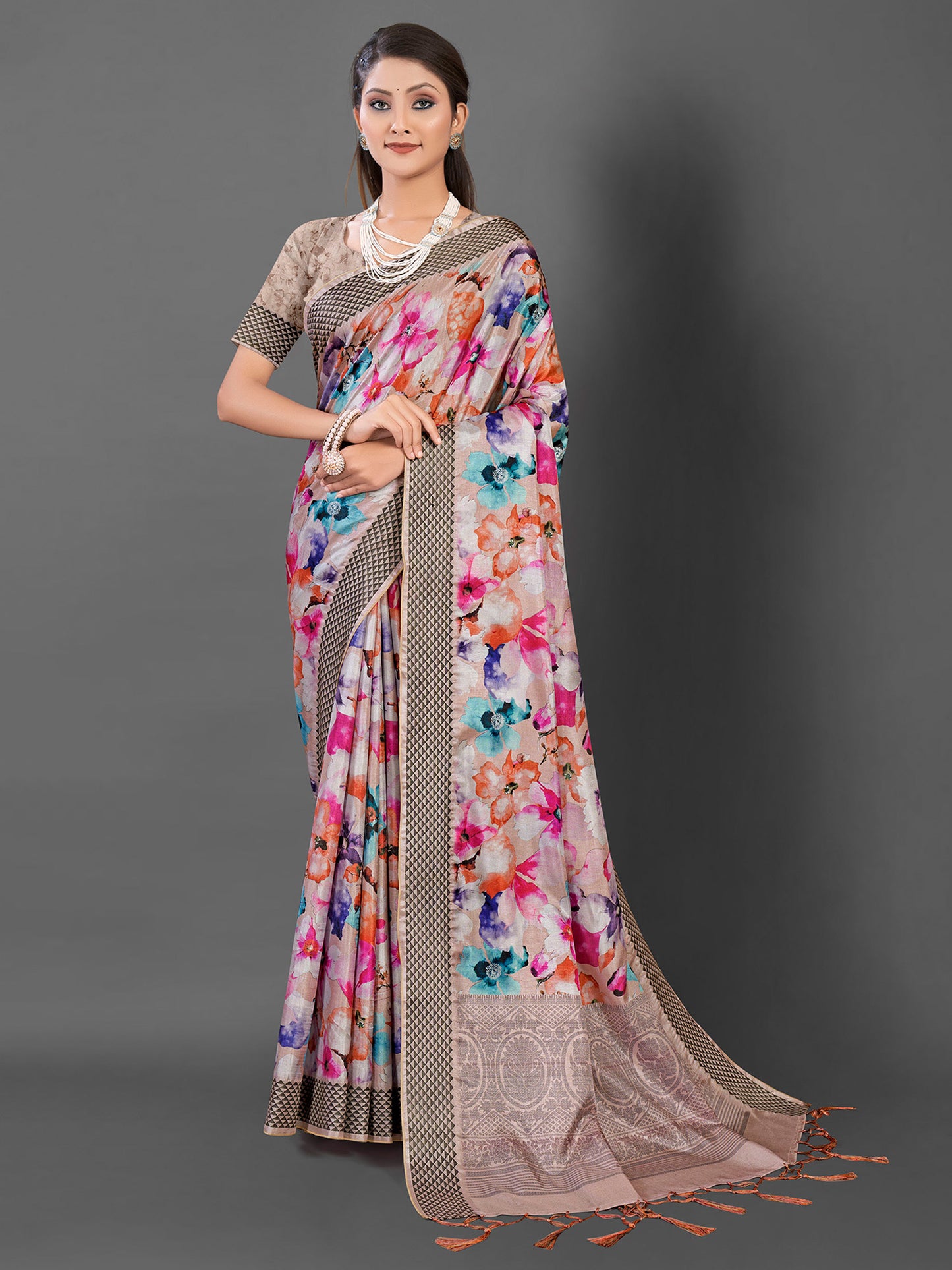 Women's Manipuri Silk Beige Printed Designer Saree With Blouse Piece