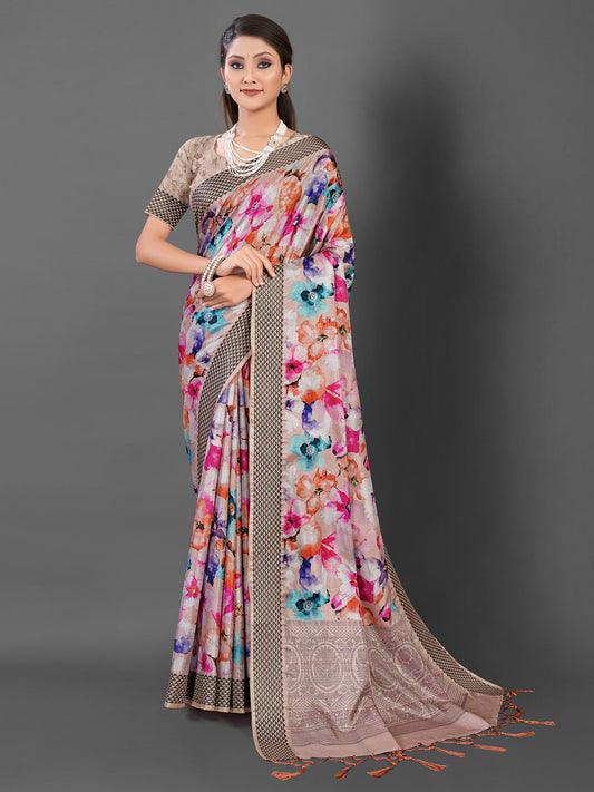 Women's Manipuri Silk Beige Printed Designer Saree With Blouse Piece