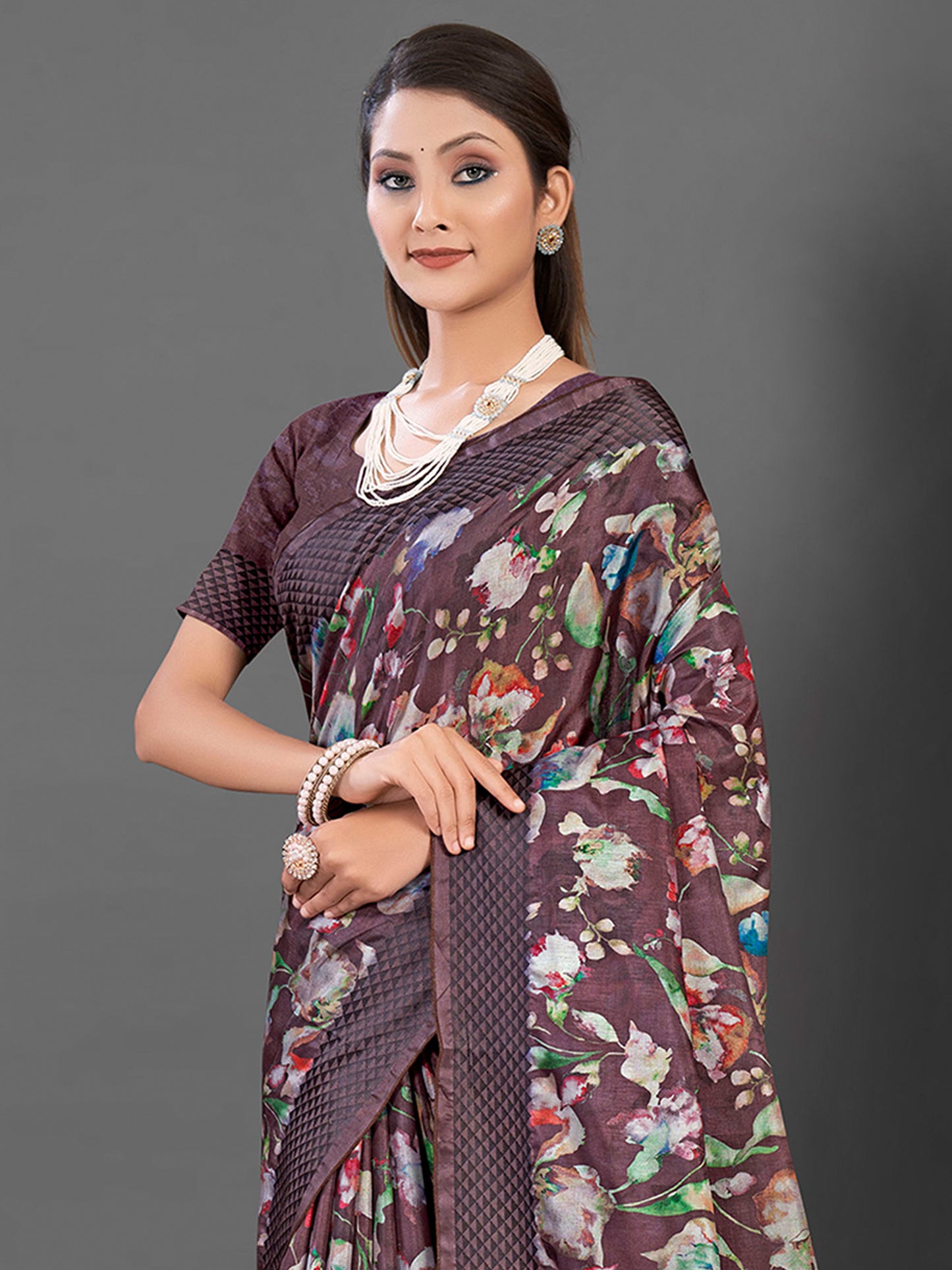 Women's Manipuri Silk Brown Printed Designer Saree With Blouse Piece