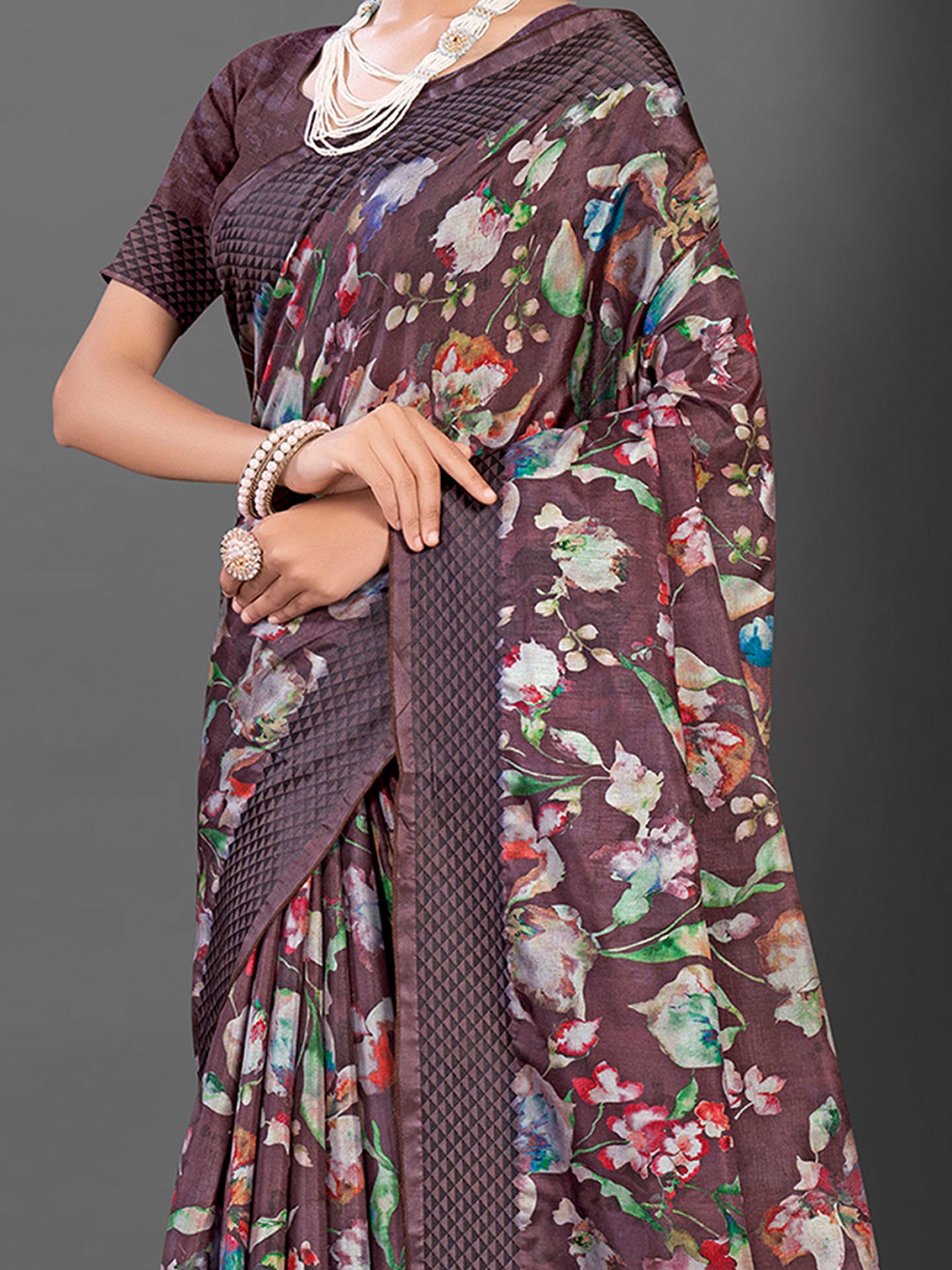 Women's Manipuri Silk Brown Printed Designer Saree With Blouse Piece